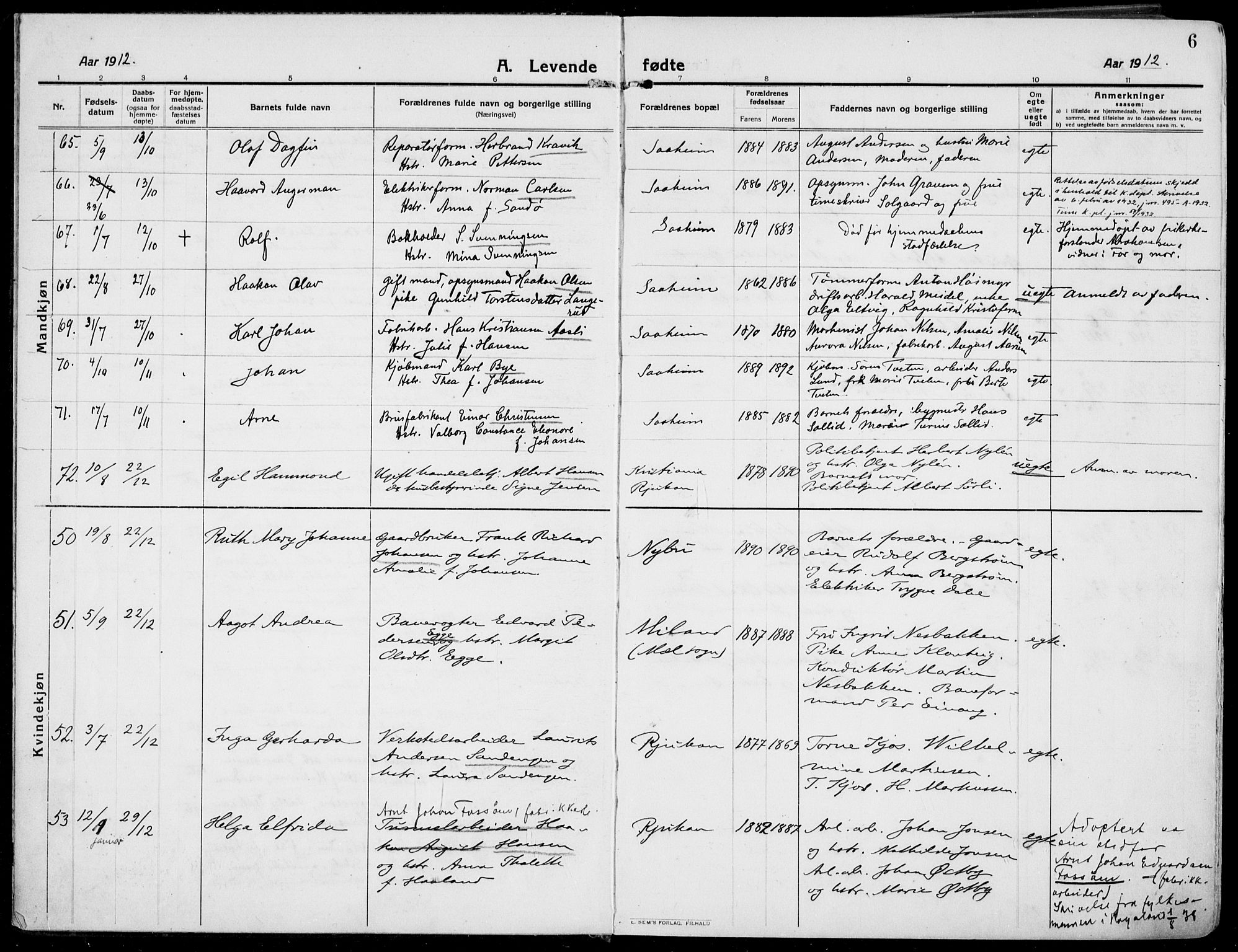 Rjukan kirkebøker, SAKO/A-294/F/Fa/L0002: Parish register (official) no. 2, 1912-1917, p. 6
