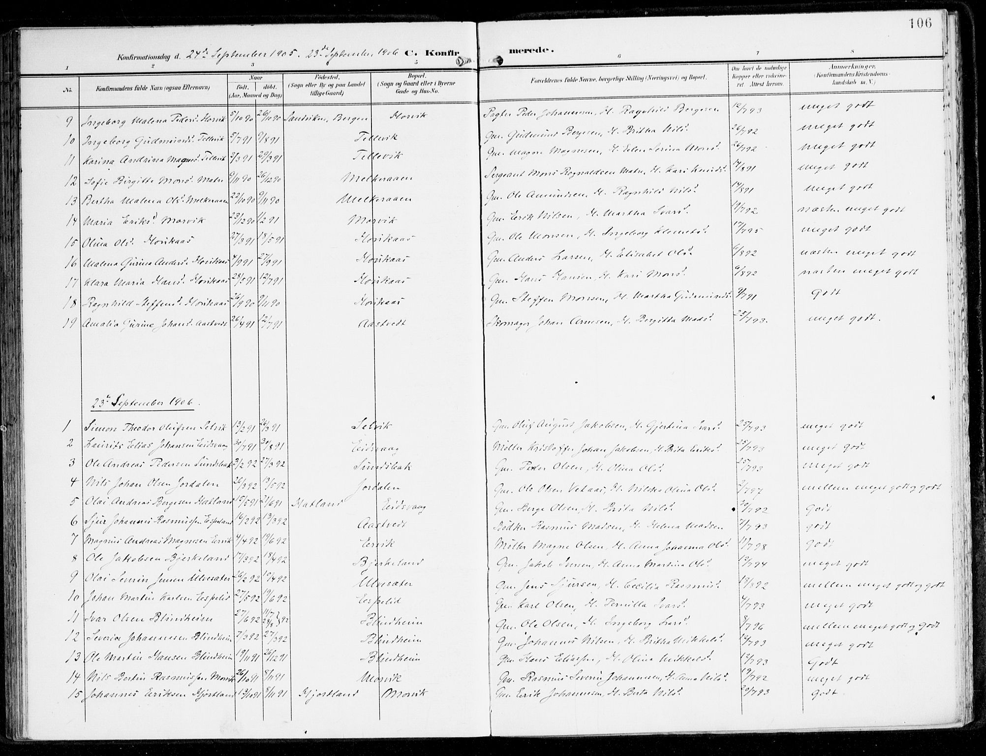 Hamre sokneprestembete, SAB/A-75501/H/Ha/Haa/Haad/L0002: Parish register (official) no. D 2, 1899-1916, p. 106