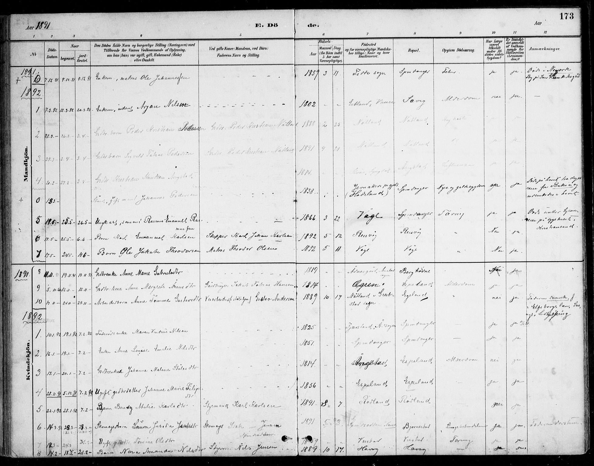 Herad sokneprestkontor, AV/SAK-1111-0018/F/Fa/Fab/L0005: Parish register (official) no. A 5, 1886-1913, p. 173