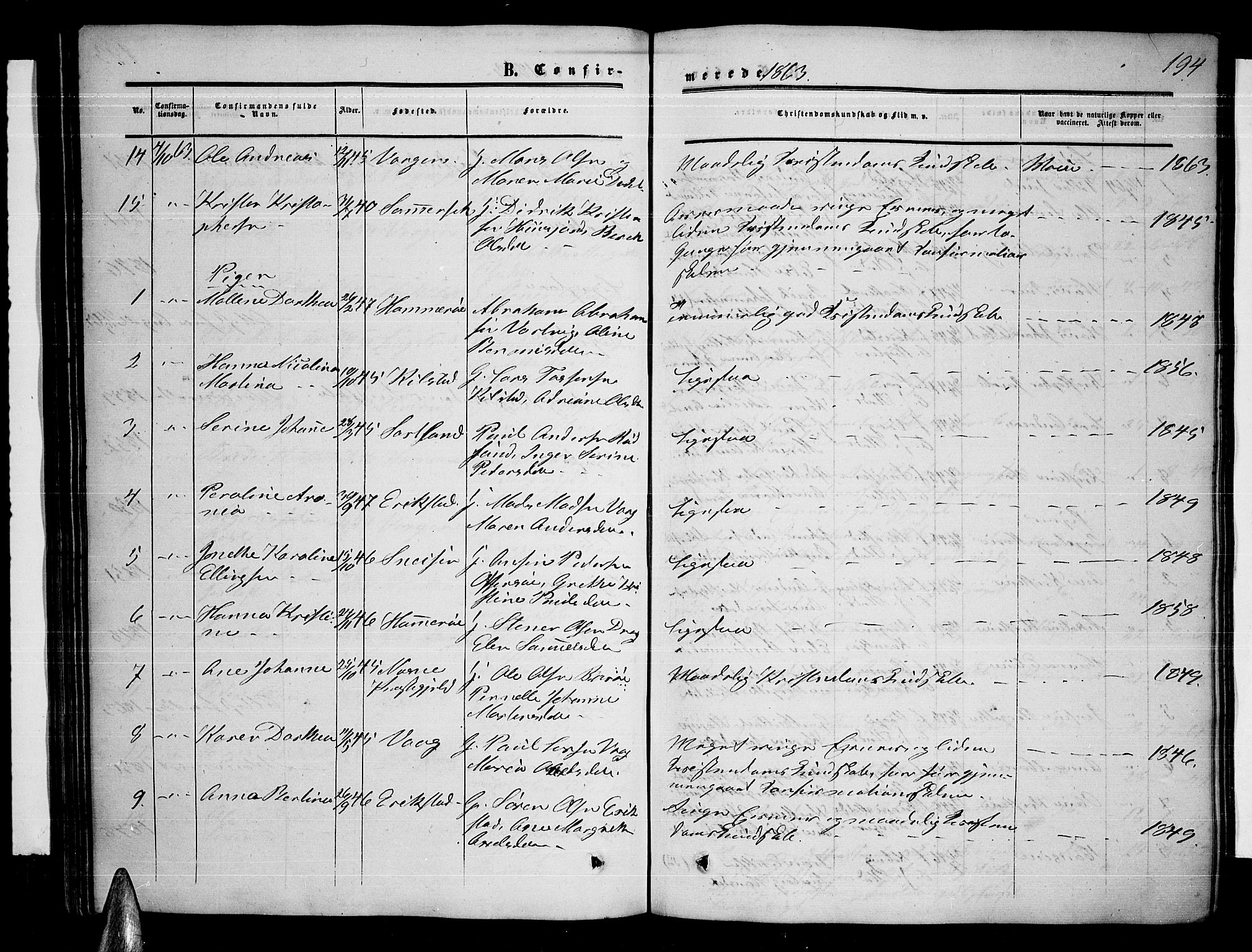 Ministerialprotokoller, klokkerbøker og fødselsregistre - Nordland, AV/SAT-A-1459/872/L1046: Parish register (copy) no. 872C02, 1852-1879, p. 194