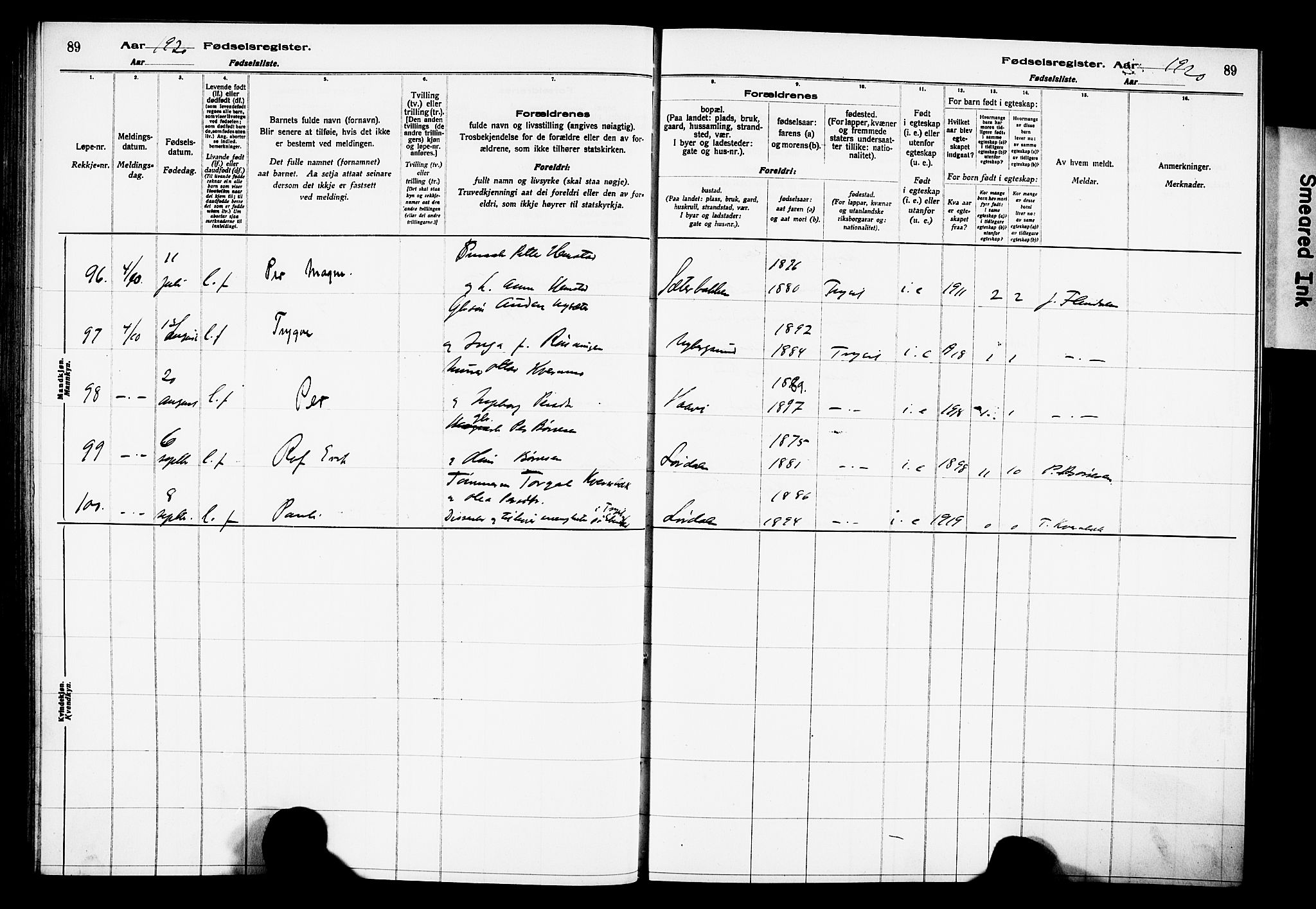 Trysil prestekontor, AV/SAH-PREST-046/I/Id/Ida/L0001: Birth register no. I 1, 1916-1927, p. 89