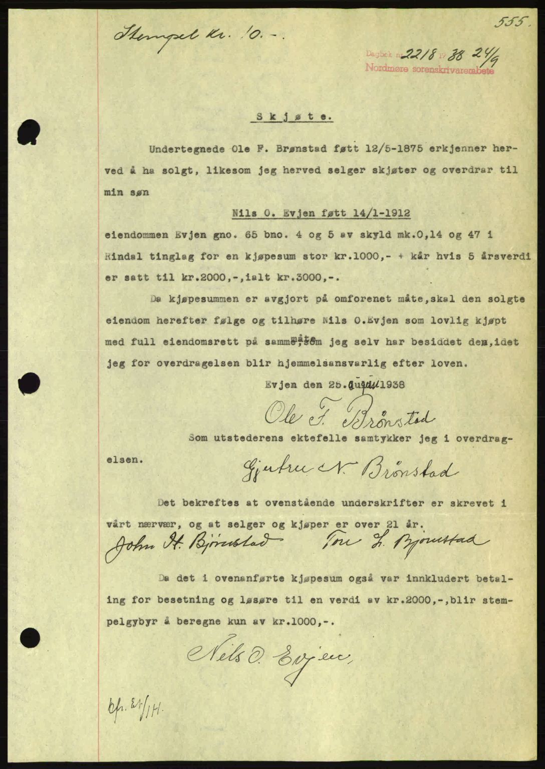 Nordmøre sorenskriveri, SAT/A-4132/1/2/2Ca: Mortgage book no. A84, 1938-1938, Diary no: : 2218/1938