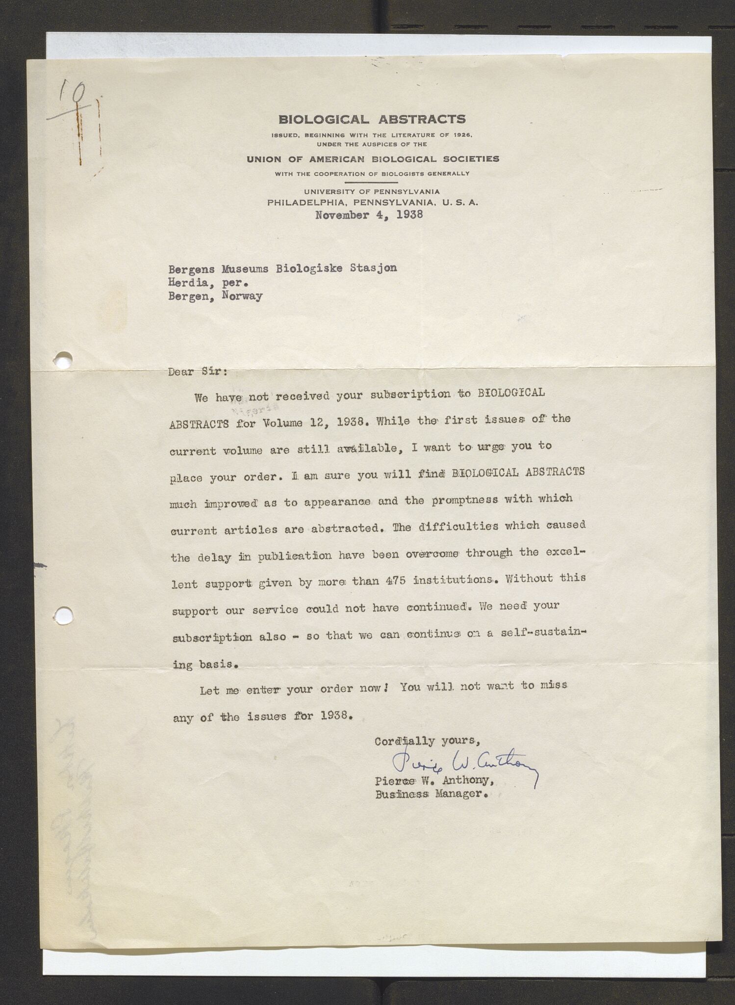 Bergens Museum, AV/SAB-A-17301/13/D/L0002: Korrespondanse , 1928-1940, p. 328