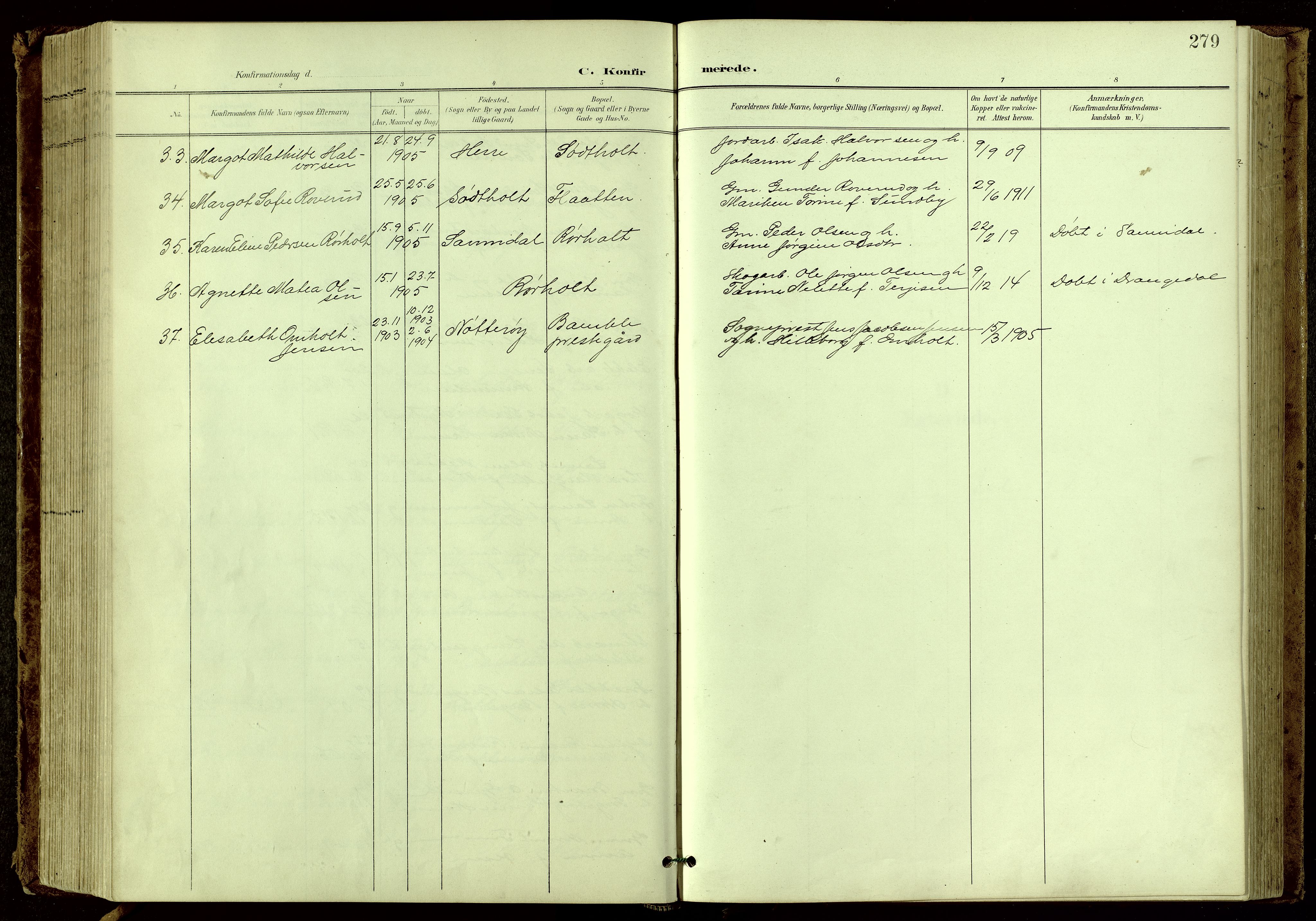 Bamble kirkebøker, SAKO/A-253/G/Ga/L0010: Parish register (copy) no. I 10, 1901-1919, p. 279