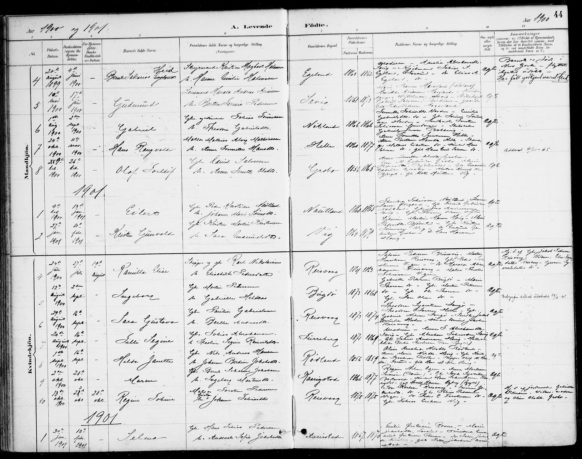 Herad sokneprestkontor, SAK/1111-0018/F/Fa/Fab/L0005: Parish register (official) no. A 5, 1886-1913, p. 44