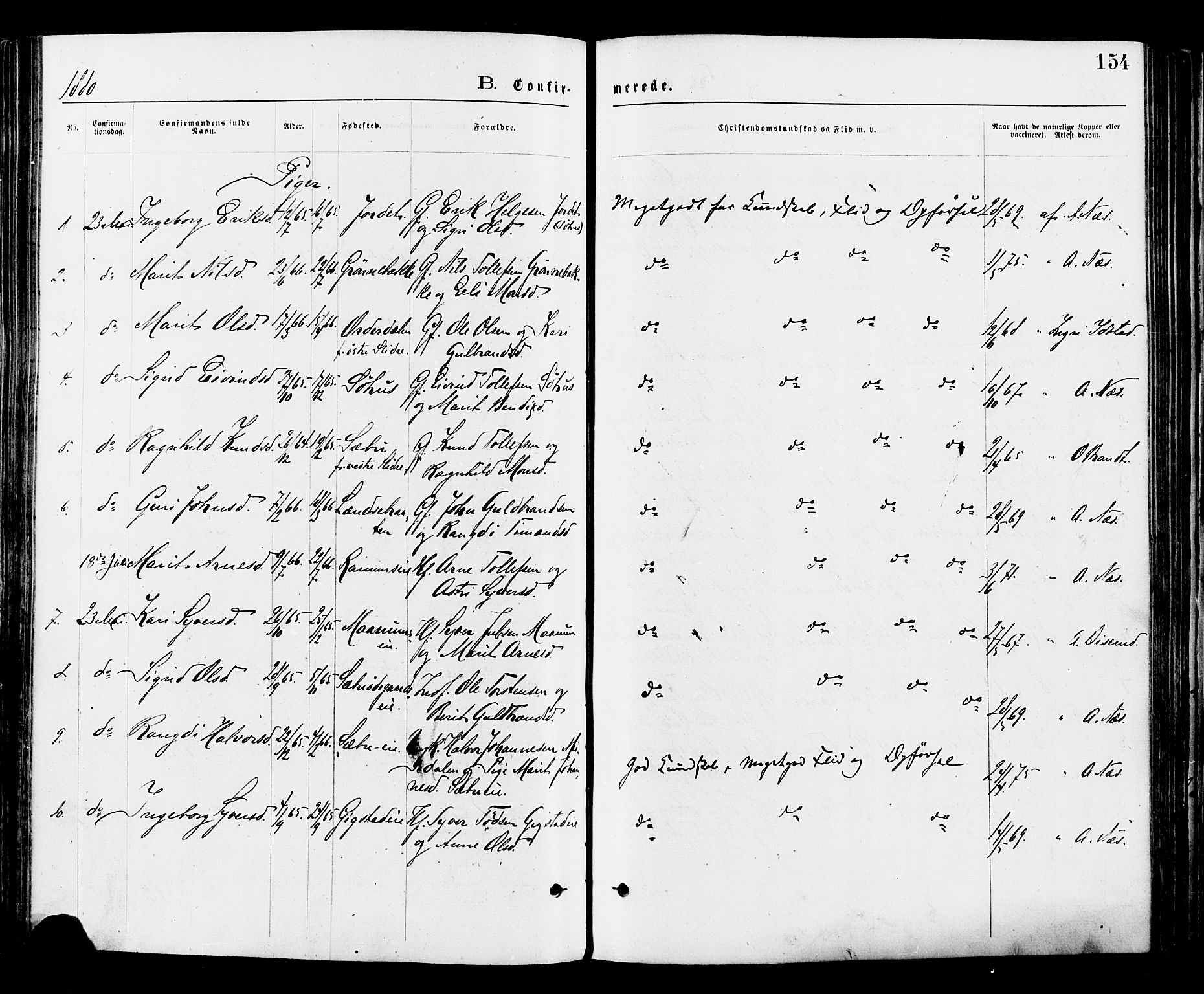 Nord-Aurdal prestekontor, AV/SAH-PREST-132/H/Ha/Haa/L0009: Parish register (official) no. 9, 1876-1882, p. 154