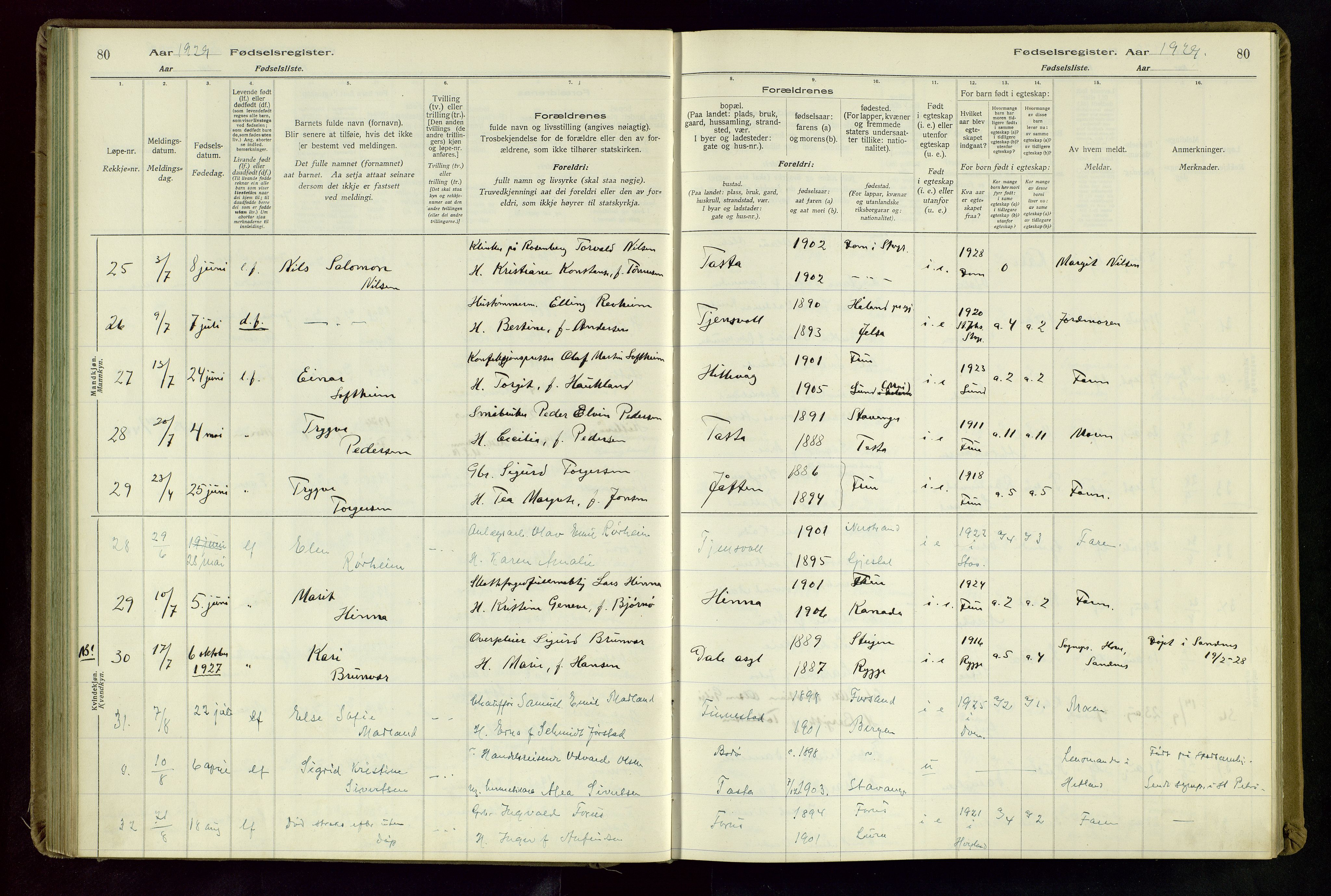 Hetland sokneprestkontor, AV/SAST-A-101826/70/704BA/L0004: Birth register no. 4, 1923-1937, p. 80