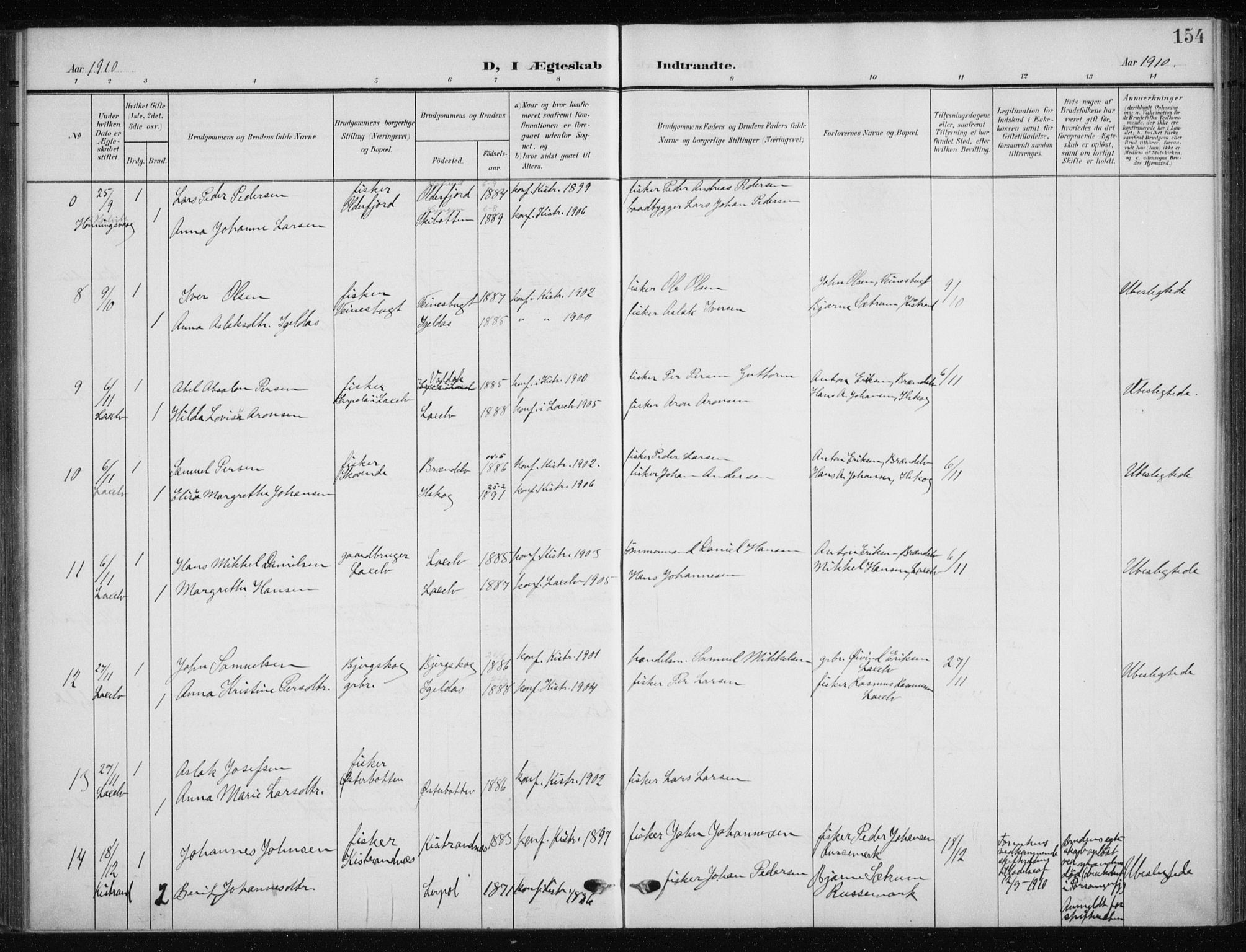 Kistrand/Porsanger sokneprestembete, SATØ/S-1351/H/Ha/L0014.kirke: Parish register (official) no. 14, 1908-1917, p. 154