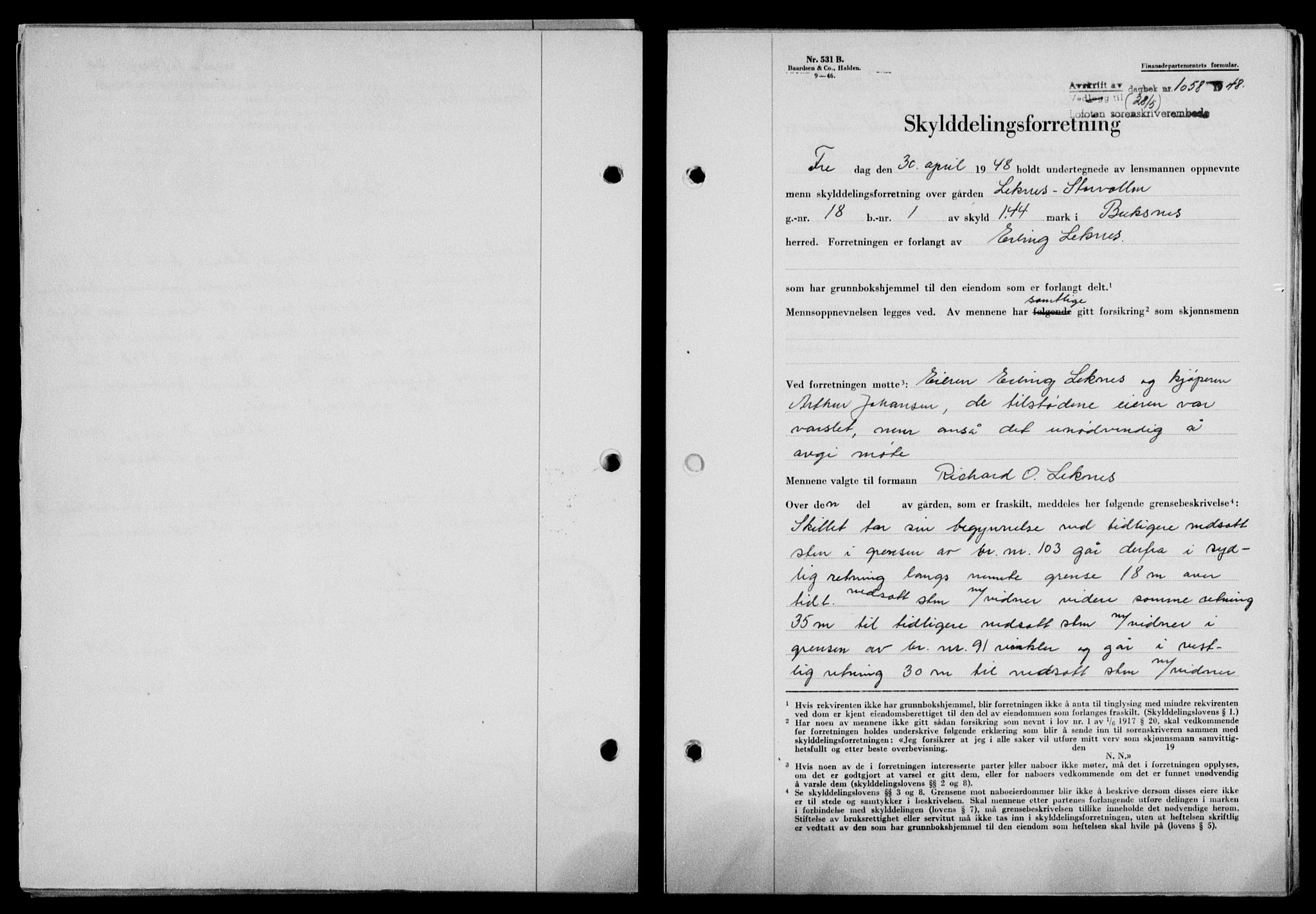 Lofoten sorenskriveri, SAT/A-0017/1/2/2C/L0018a: Mortgage book no. 18a, 1948-1948, Diary no: : 1058/1948