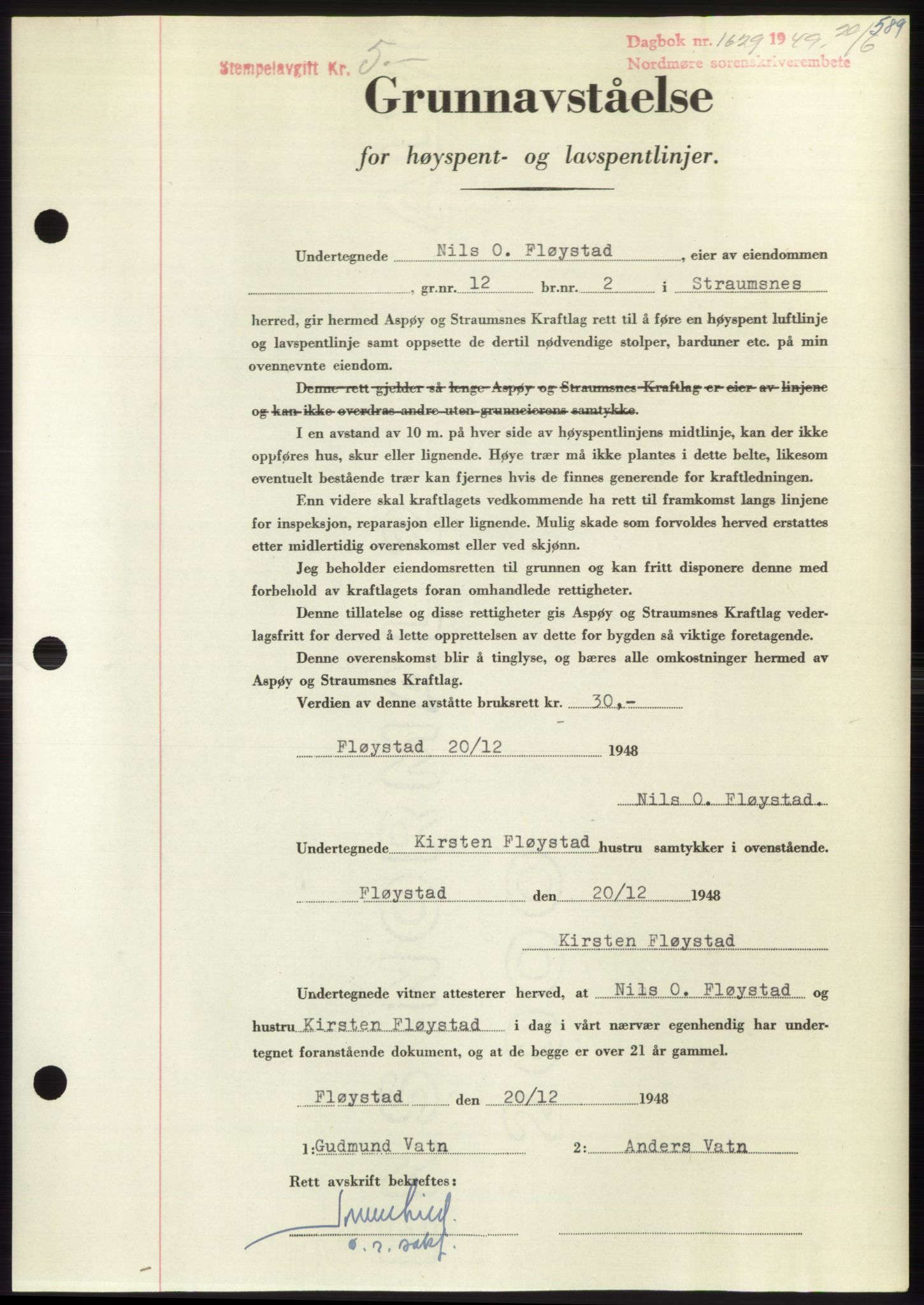 Nordmøre sorenskriveri, AV/SAT-A-4132/1/2/2Ca: Mortgage book no. B101, 1949-1949, Diary no: : 1629/1949