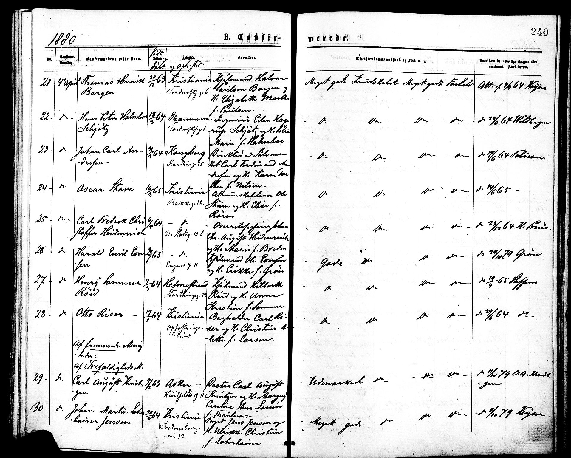 Johannes prestekontor Kirkebøker, AV/SAO-A-10852/F/Fa/L0001: Parish register (official) no. 1, 1875-1881, p. 240