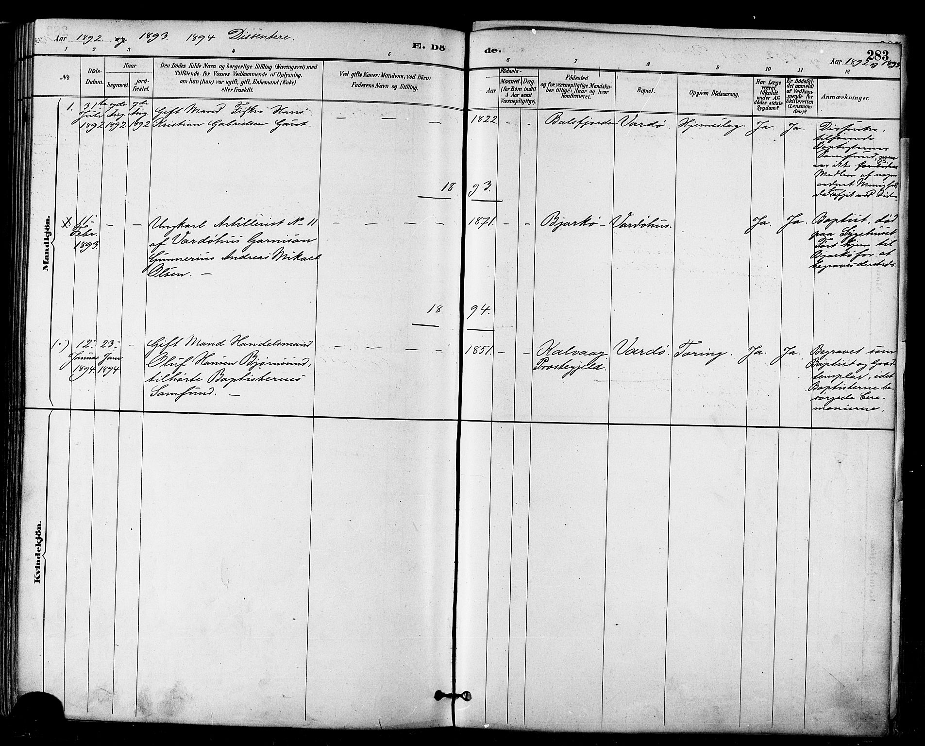 Vardø sokneprestkontor, SATØ/S-1332/H/Ha/L0007kirke: Parish register (official) no. 7, 1886-1897, p. 283