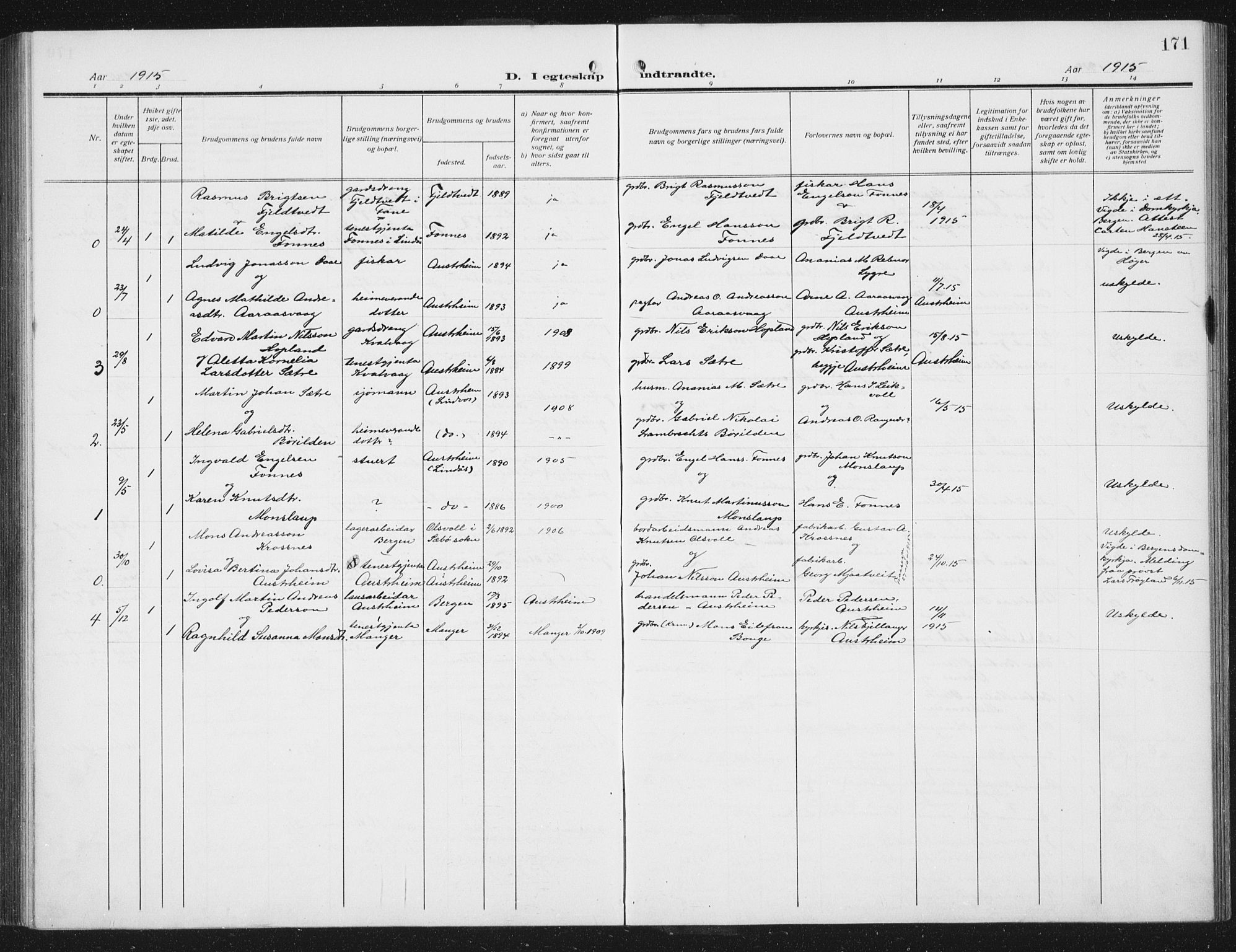 Lindås Sokneprestembete, SAB/A-76701/H/Hab: Parish register (copy) no. C 5, 1910-1927, p. 171