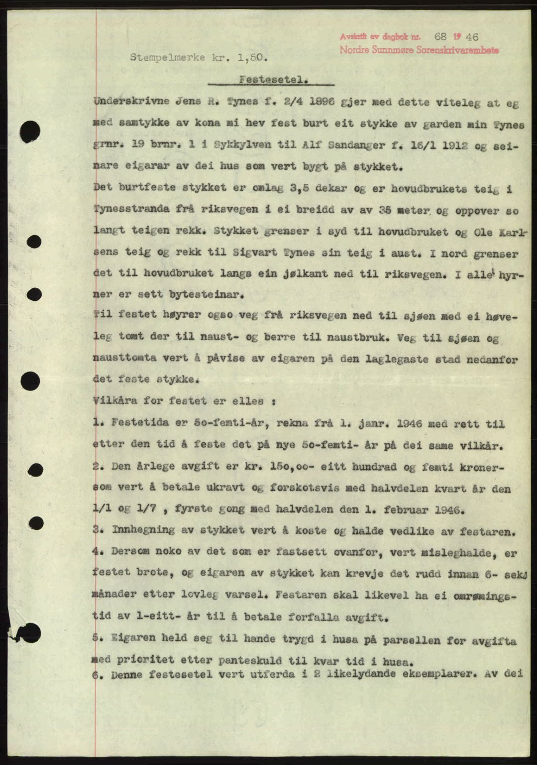 Nordre Sunnmøre sorenskriveri, AV/SAT-A-0006/1/2/2C/2Ca: Mortgage book no. A20b, 1946-1946, Diary no: : 68/1946