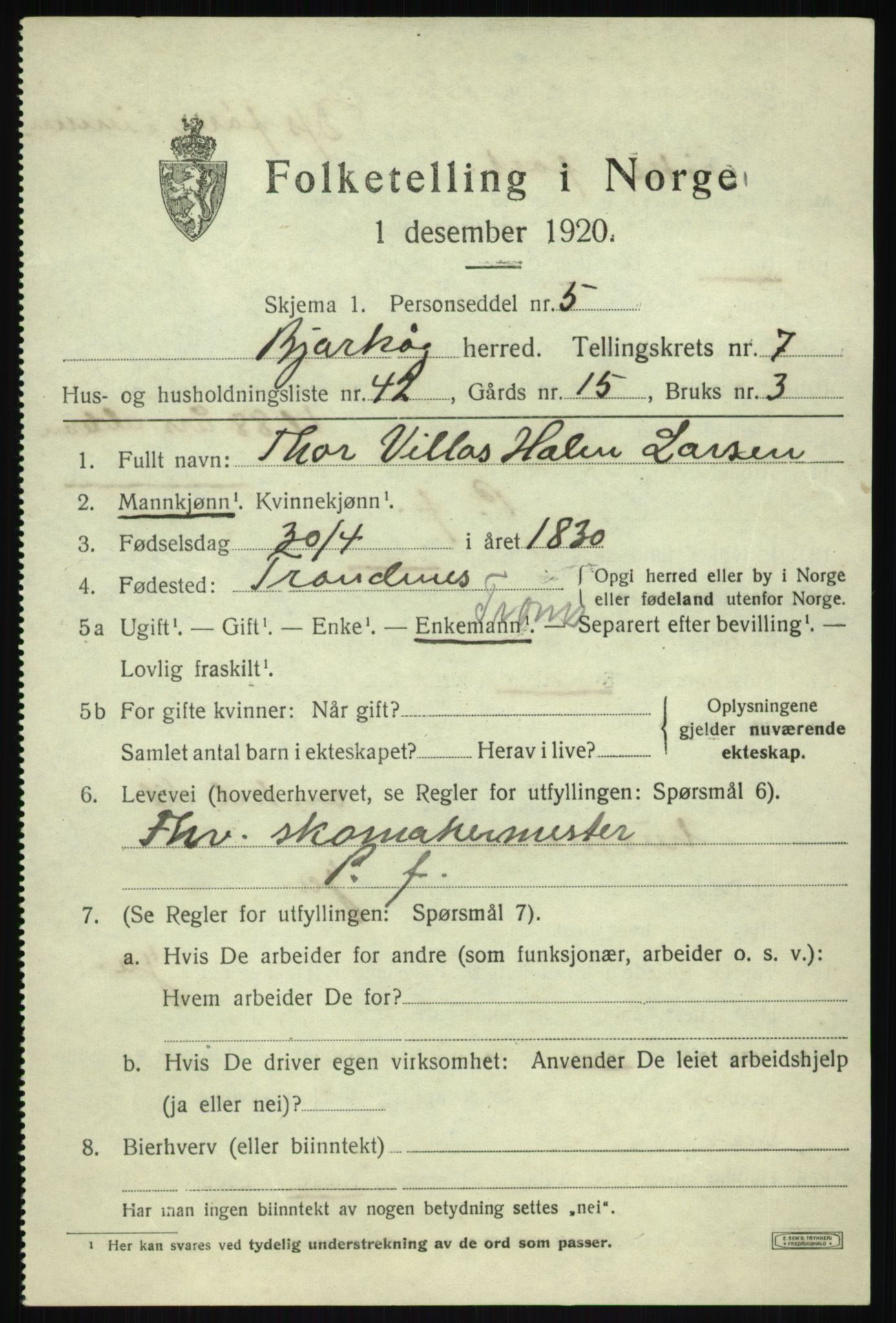 SATØ, 1920 census for Bjarkøy, 1920, p. 3447