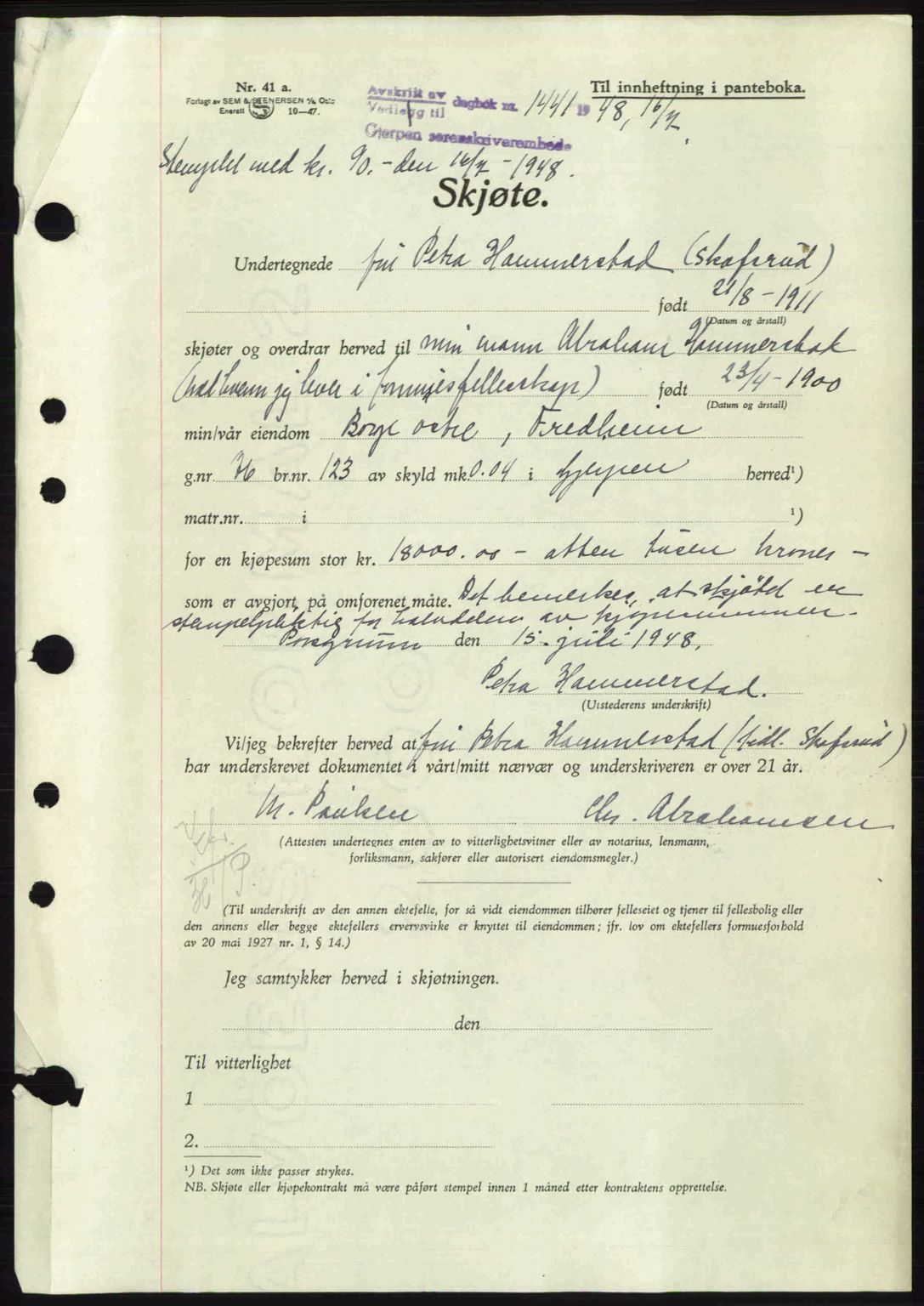 Gjerpen sorenskriveri, AV/SAKO-A-216/G/Ga/Gae/L0083: Mortgage book no. A-83, 1947-1948, Diary no: : 1441/1948