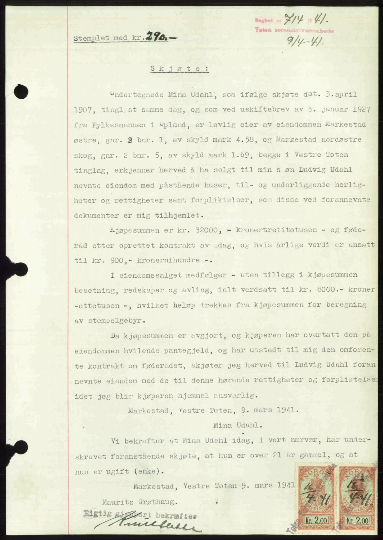 Toten tingrett, SAH/TING-006/H/Hb/Hbc/L0008: Mortgage book no. Hbc-08, 1941-1941, Diary no: : 714/1941
