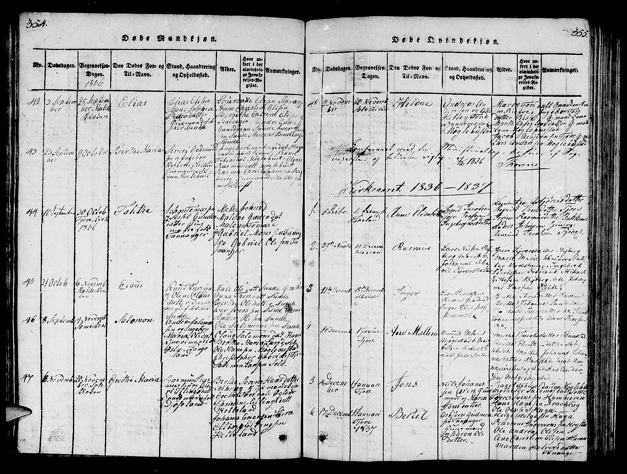 Håland sokneprestkontor, SAST/A-101802/001/30BB/L0001: Parish register (copy) no. B 1, 1815-1845, p. 354-355