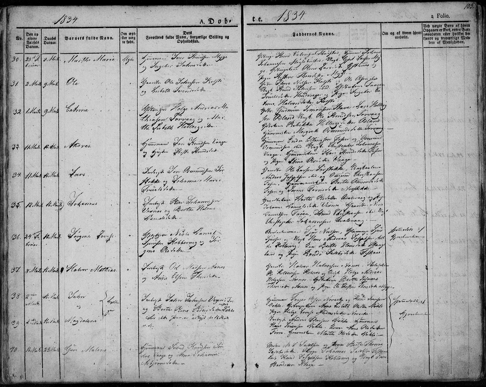 Avaldsnes sokneprestkontor, SAST/A -101851/H/Ha/Haa/L0005: Parish register (official) no. A 5.1, 1825-1841, p. 105