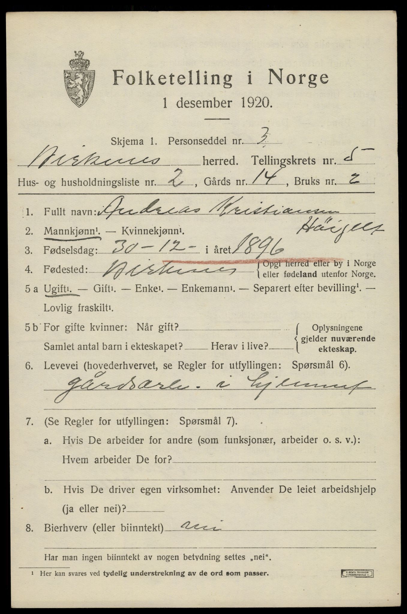 SAK, 1920 census for Birkenes, 1920, p. 3029