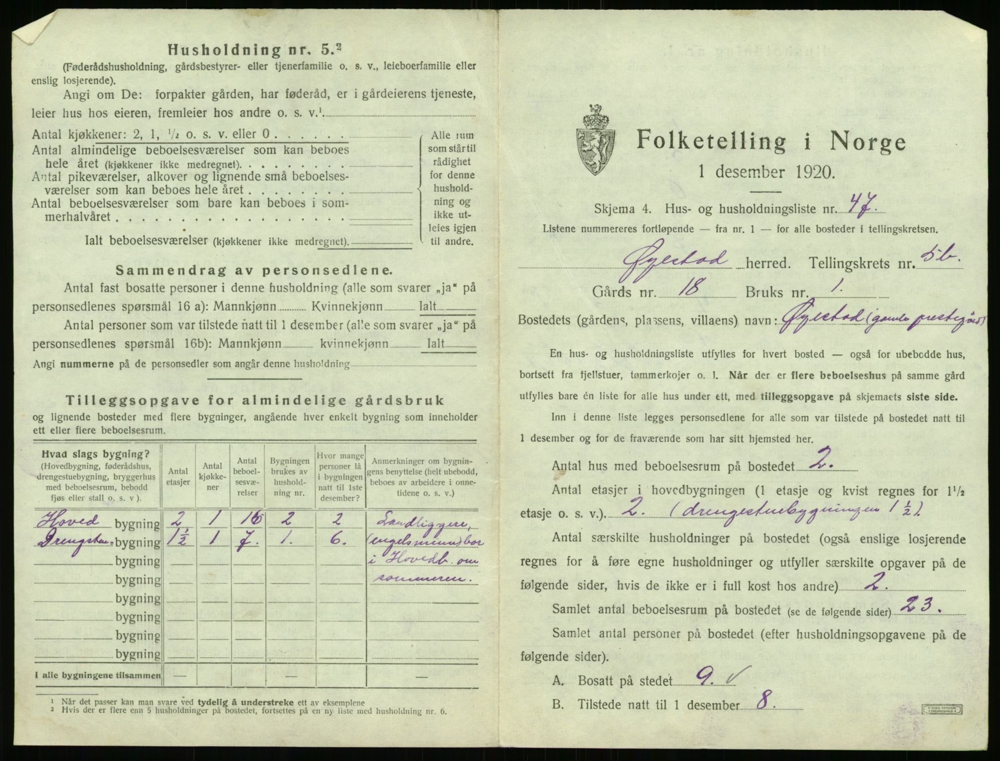 SAK, 1920 census for Øyestad, 1920, p. 494