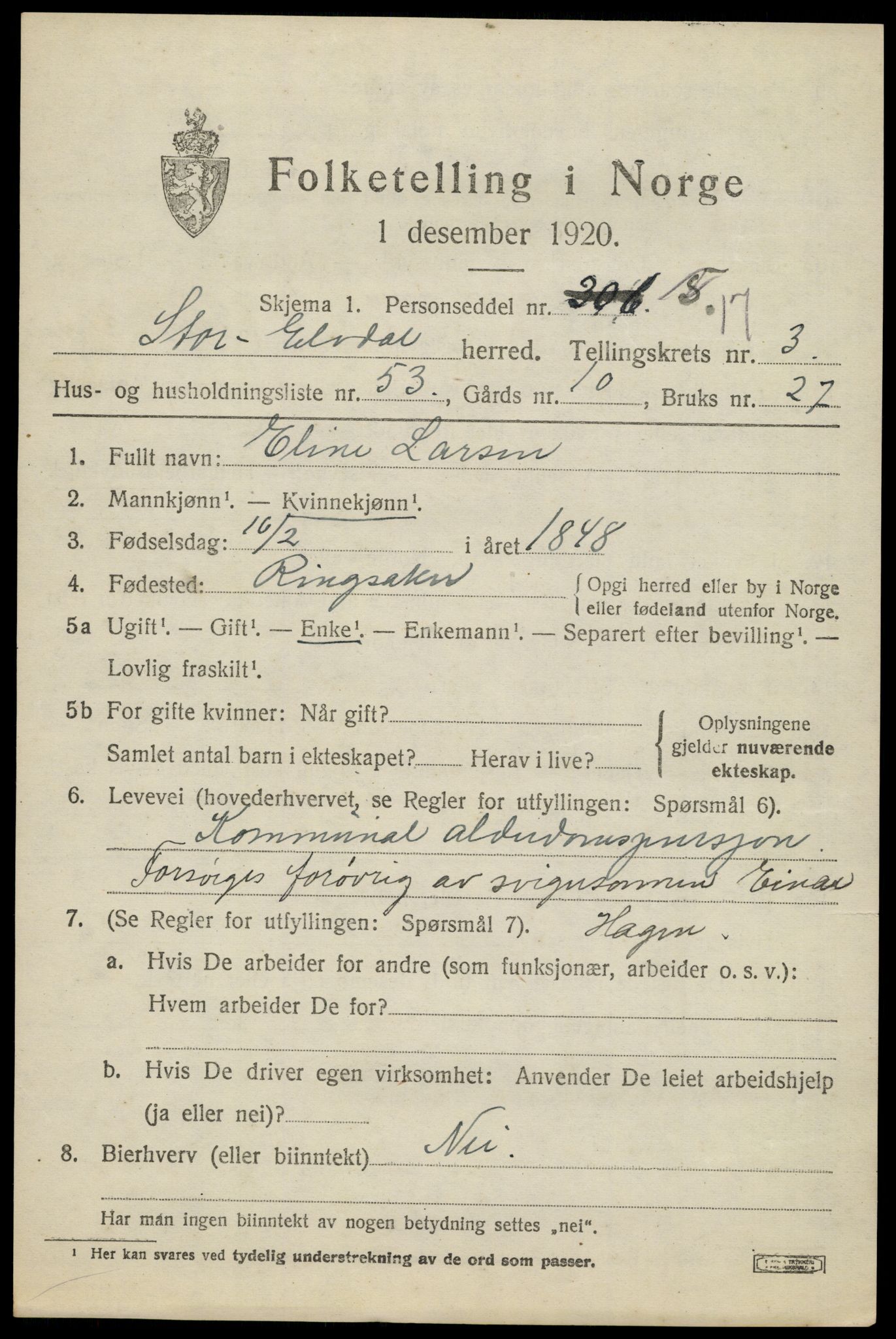 SAH, 1920 census for Stor-Elvdal, 1920, p. 3394