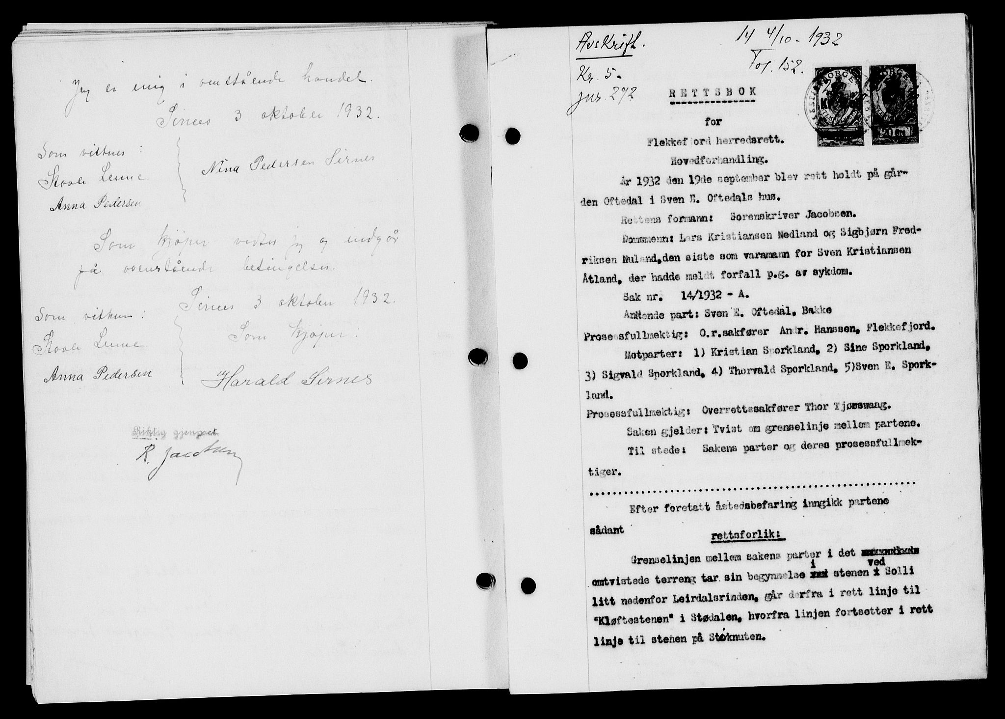 Flekkefjord sorenskriveri, SAK/1221-0001/G/Gb/Gba/L0047: Mortgage book no. 45, 1931-1932, Deed date: 04.10.1932