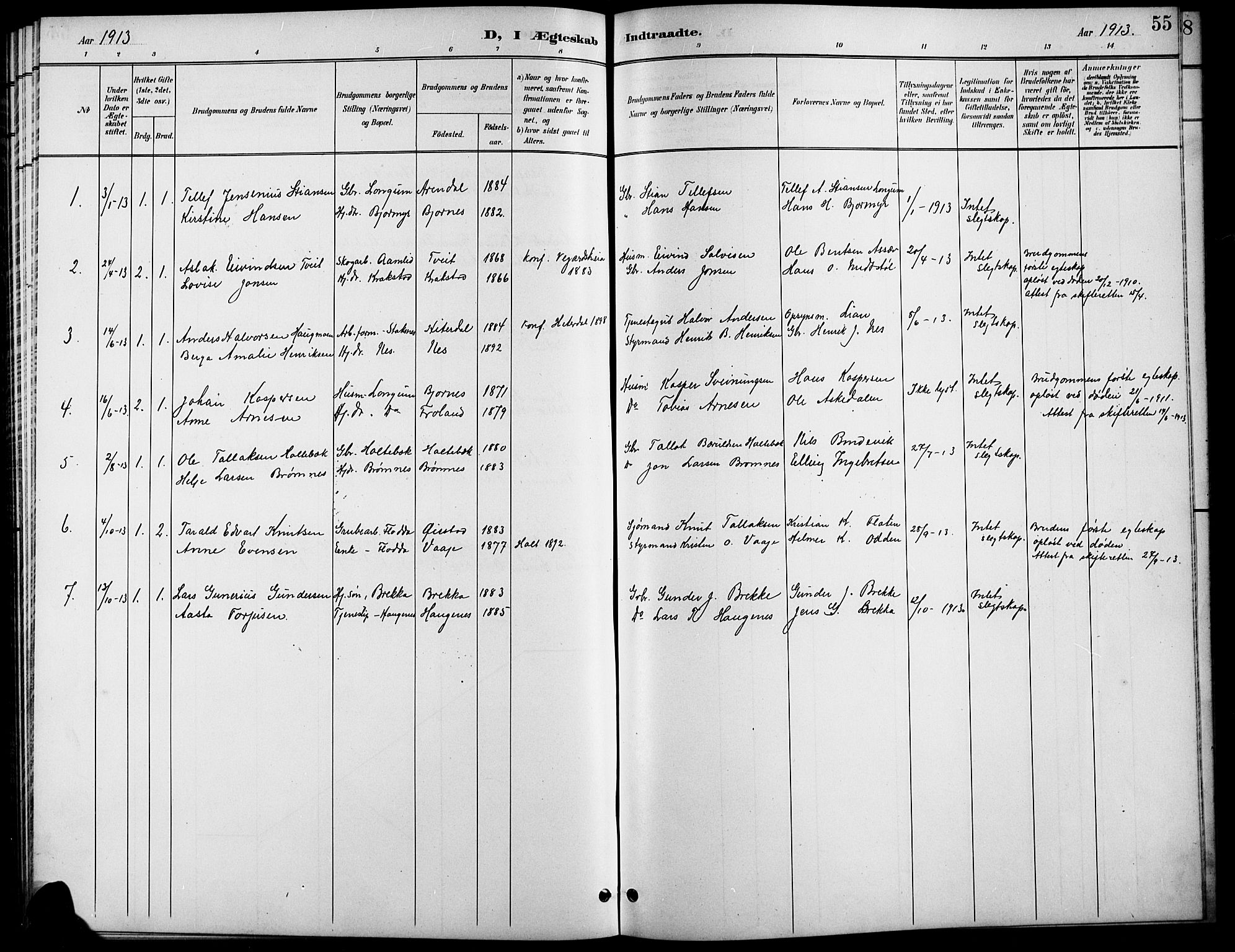 Austre Moland sokneprestkontor, AV/SAK-1111-0001/F/Fb/Fba/L0004: Parish register (copy) no. B 4a, 1897-1913, p. 55