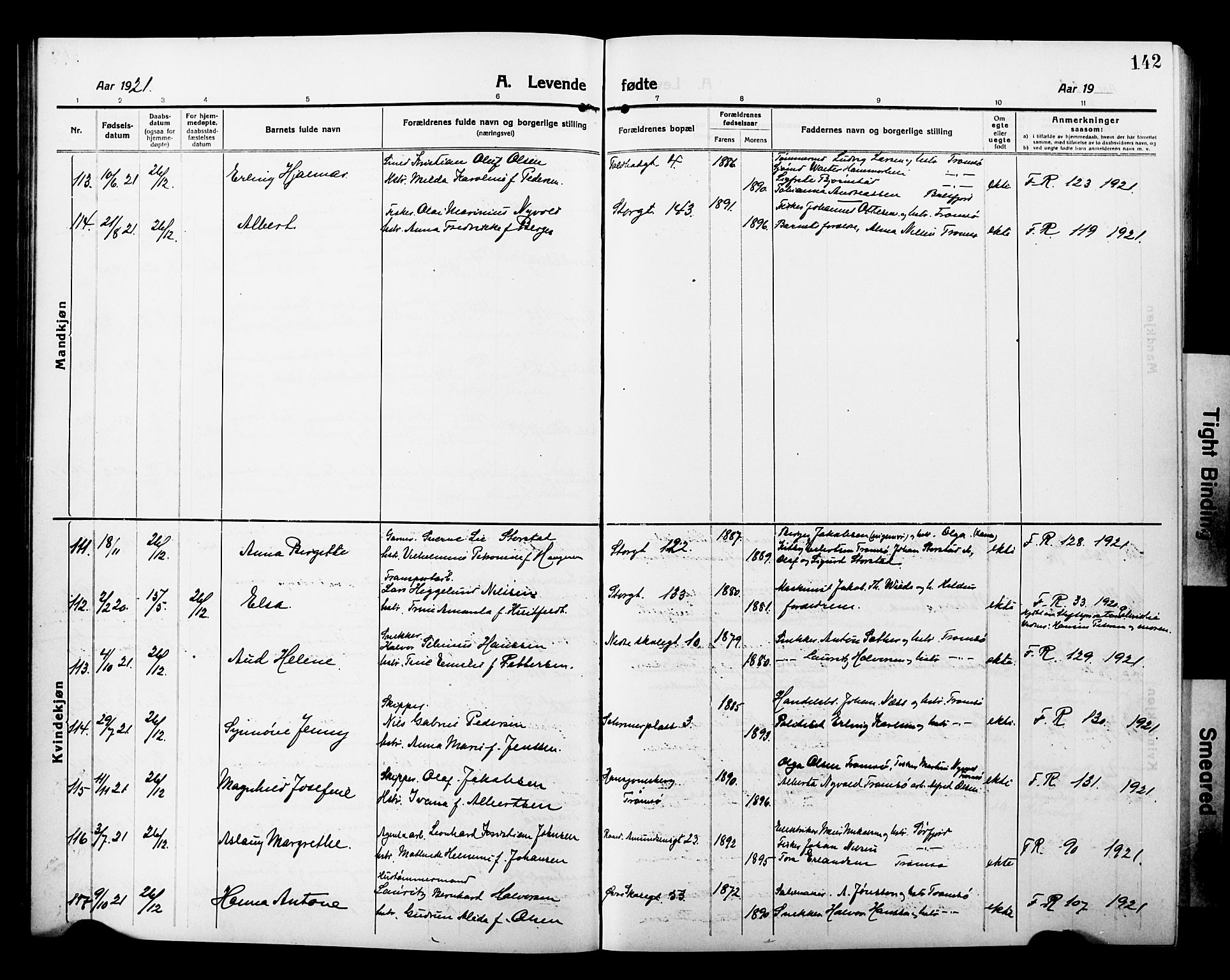 Tromsø sokneprestkontor/stiftsprosti/domprosti, AV/SATØ-S-1343/G/Gb/L0009klokker: Parish register (copy) no. 9, 1915-1925, p. 142