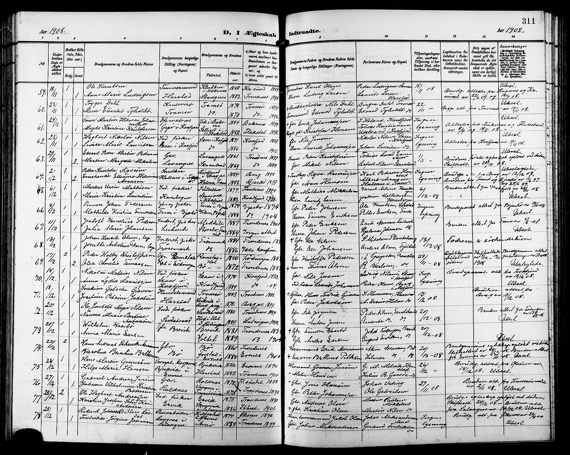 Trondenes sokneprestkontor, SATØ/S-1319/H/Hb/L0012klokker: Parish register (copy) no. 12, 1907-1916, p. 311