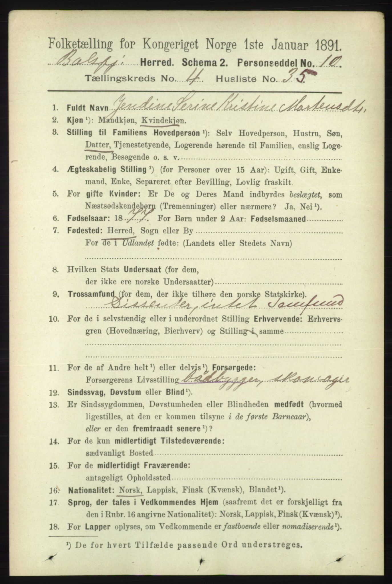 RA, 1891 census for 1933 Balsfjord, 1891, p. 1377