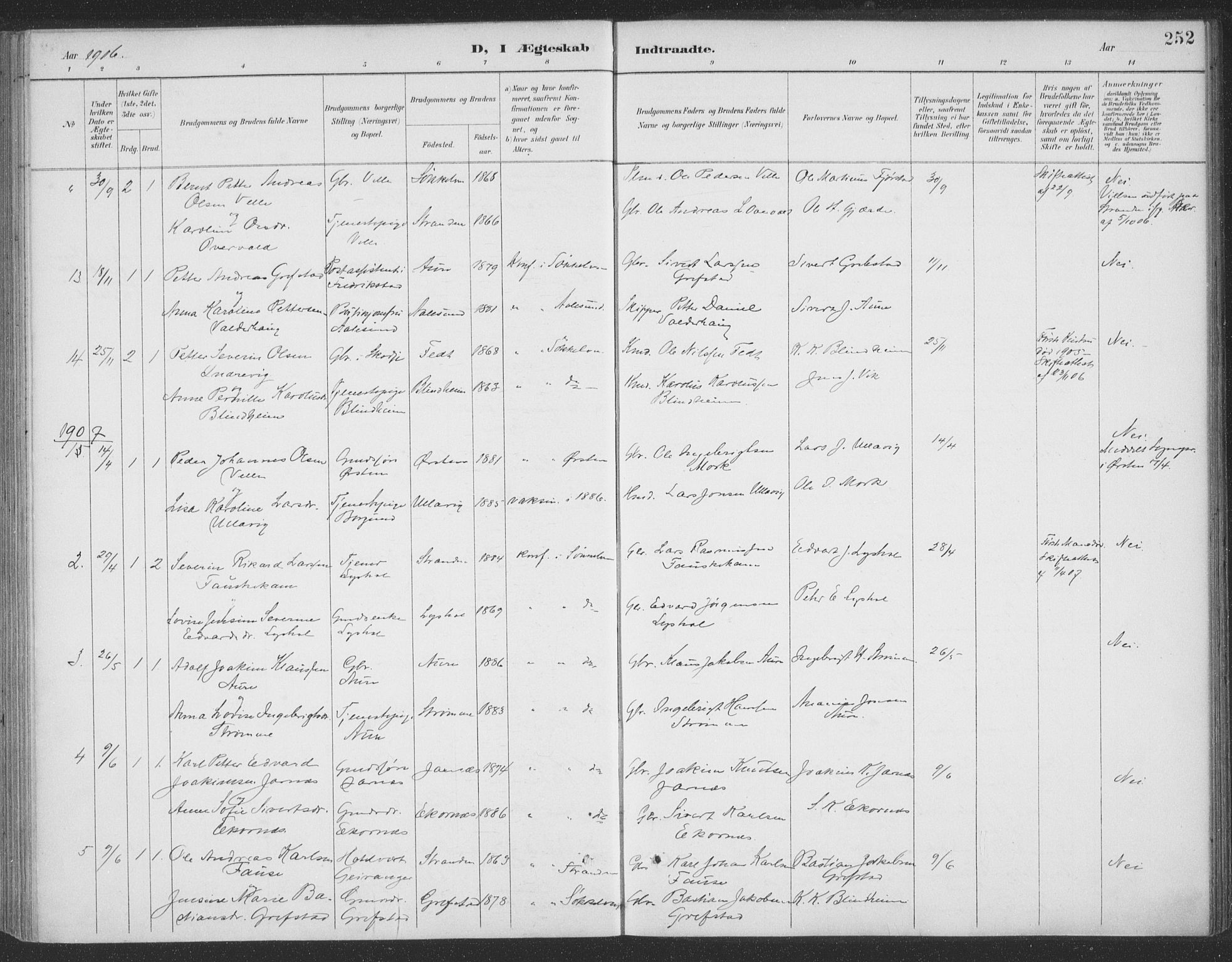 Ministerialprotokoller, klokkerbøker og fødselsregistre - Møre og Romsdal, SAT/A-1454/523/L0335: Parish register (official) no. 523A02, 1891-1911, p. 252