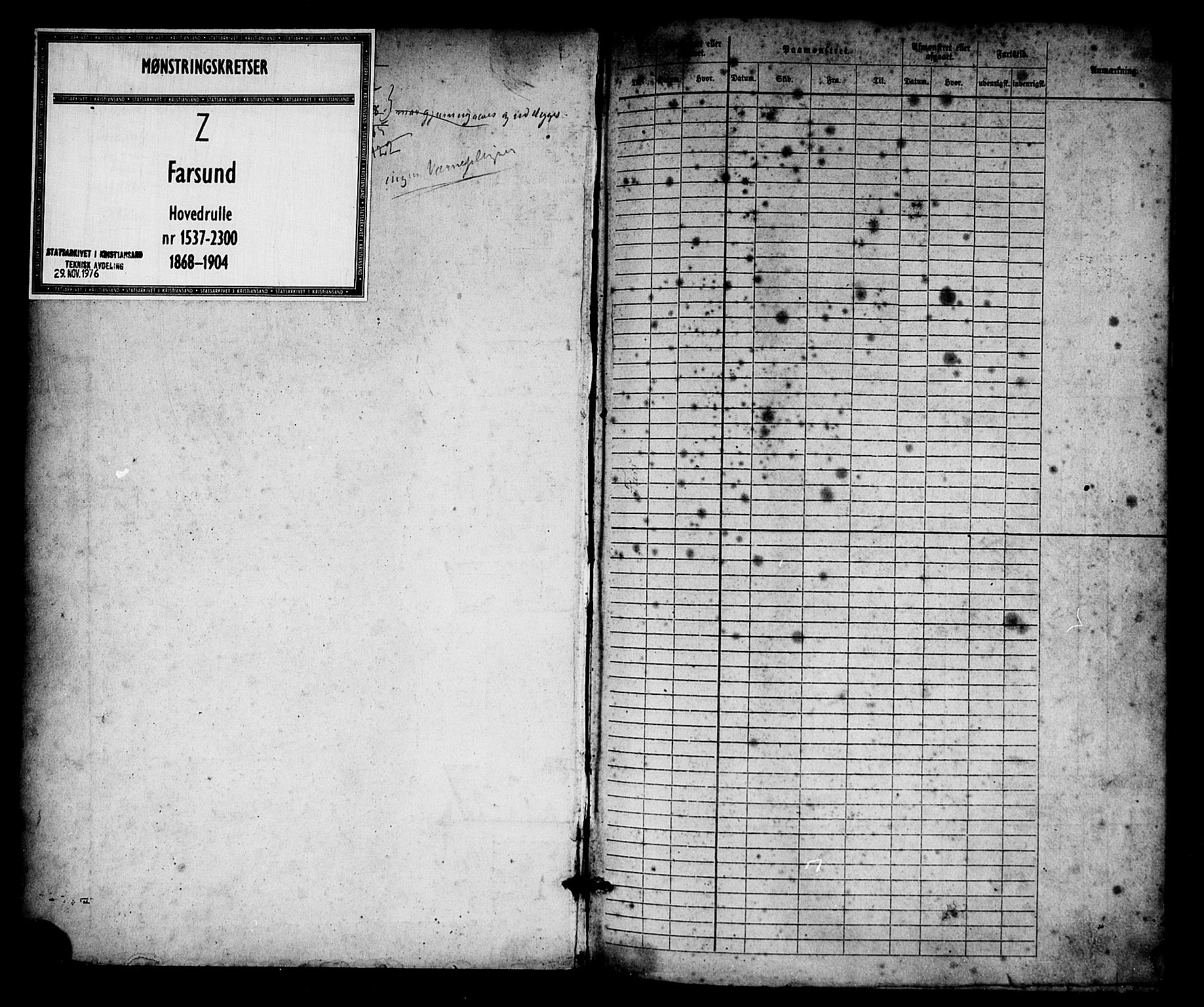 Farsund mønstringskrets, AV/SAK-2031-0017/F/Fb/L0017: Hovedrulle nr 1537-2300, Z-9, 1868-1904, p. 1