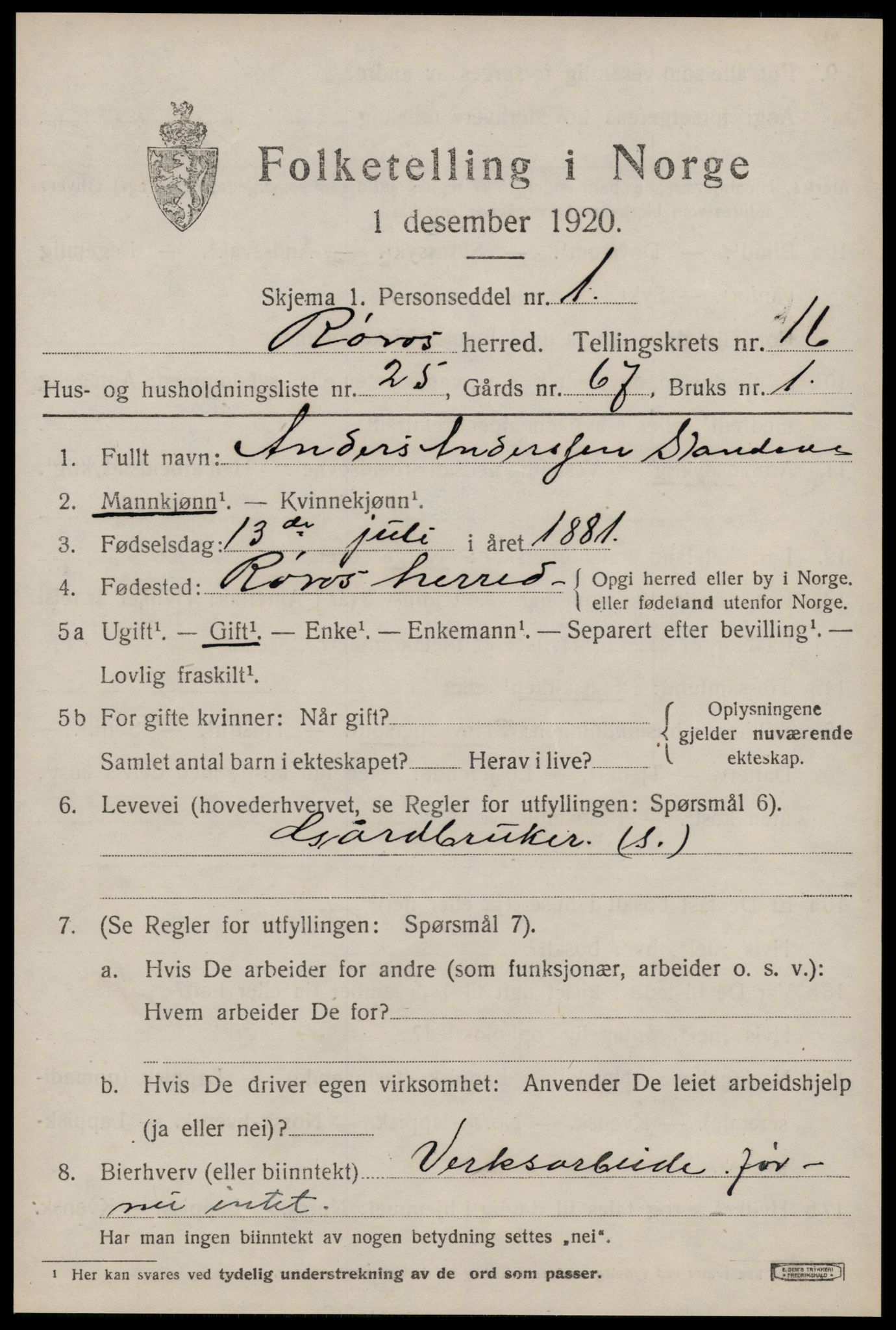 SAT, 1920 census for Røros, 1920, p. 11298