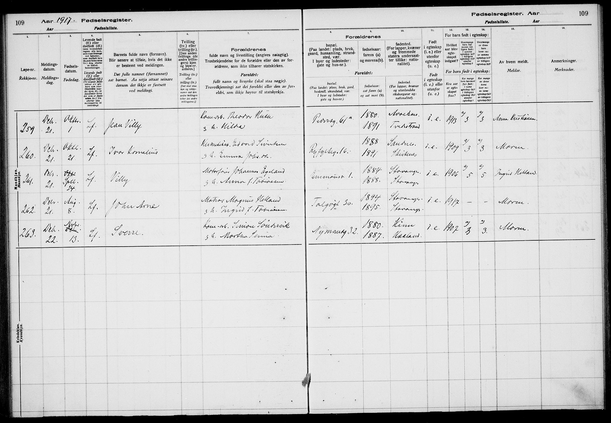 St. Johannes sokneprestkontor, AV/SAST-A-101814/002/A/L0001: Birth register no. 1, 1916-1919, p. 109