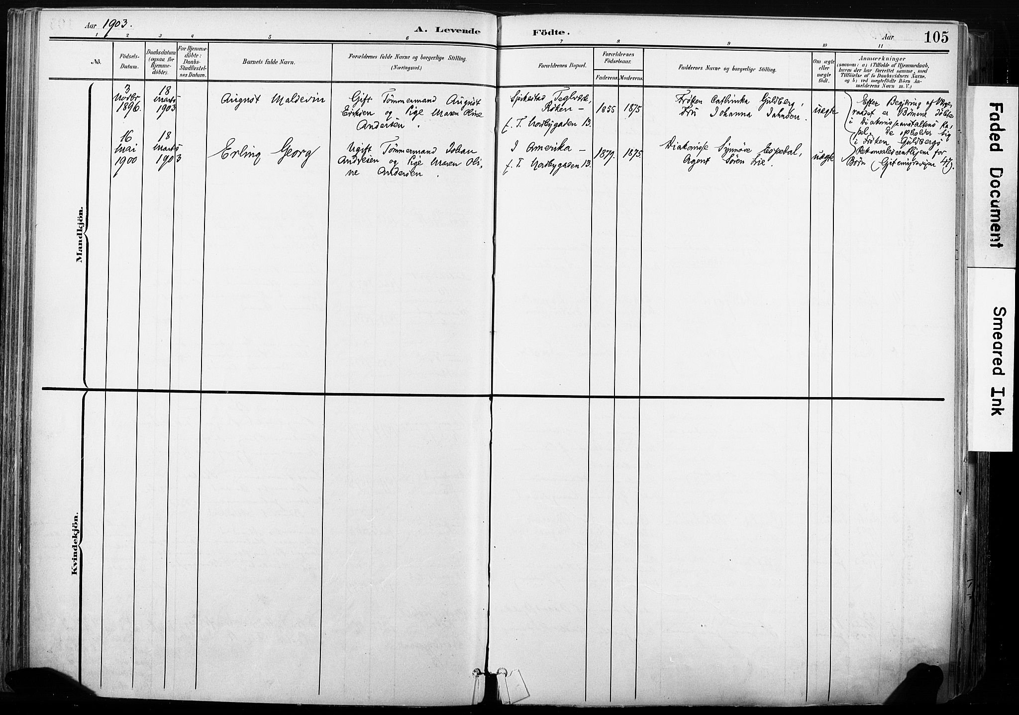 Gamle Aker prestekontor Kirkebøker, SAO/A-10617a/F/L0013: Parish register (official) no. 13, 1901-1908, p. 105