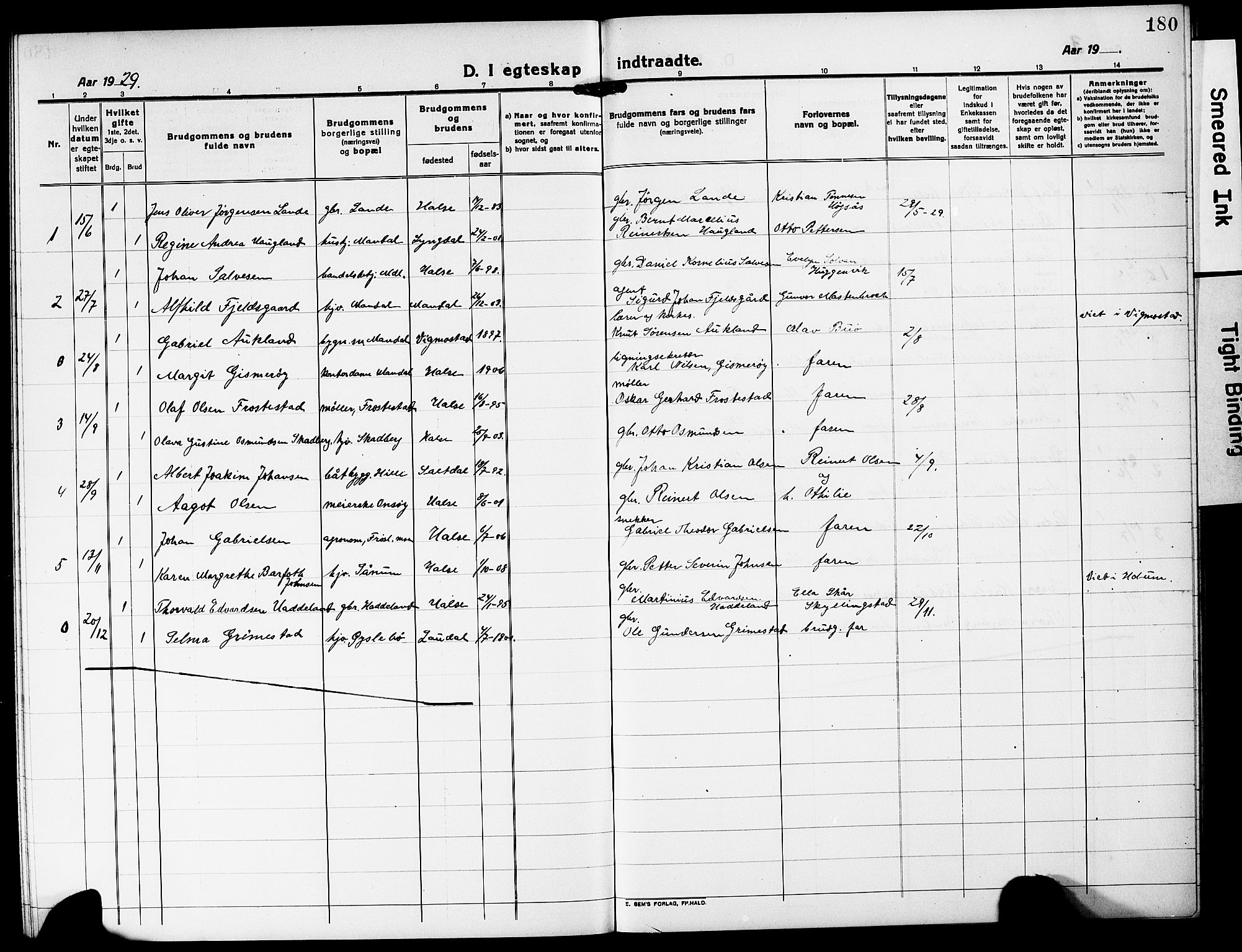 Mandal sokneprestkontor, SAK/1111-0030/F/Fb/Fba/L0013: Parish register (copy) no. B 7, 1918-1931, p. 180