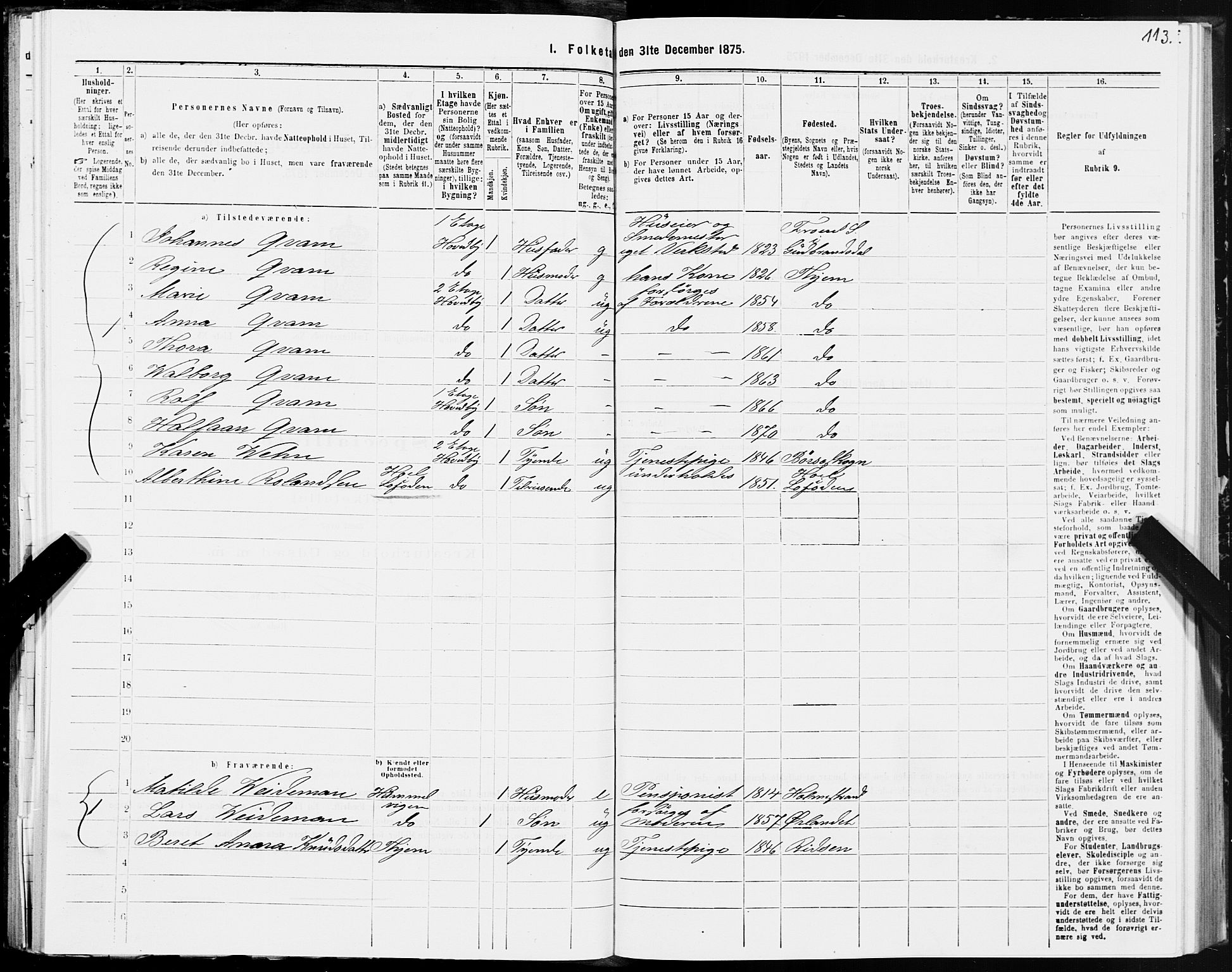 SAT, 1875 census for 1601 Trondheim, 1875, p. 6113