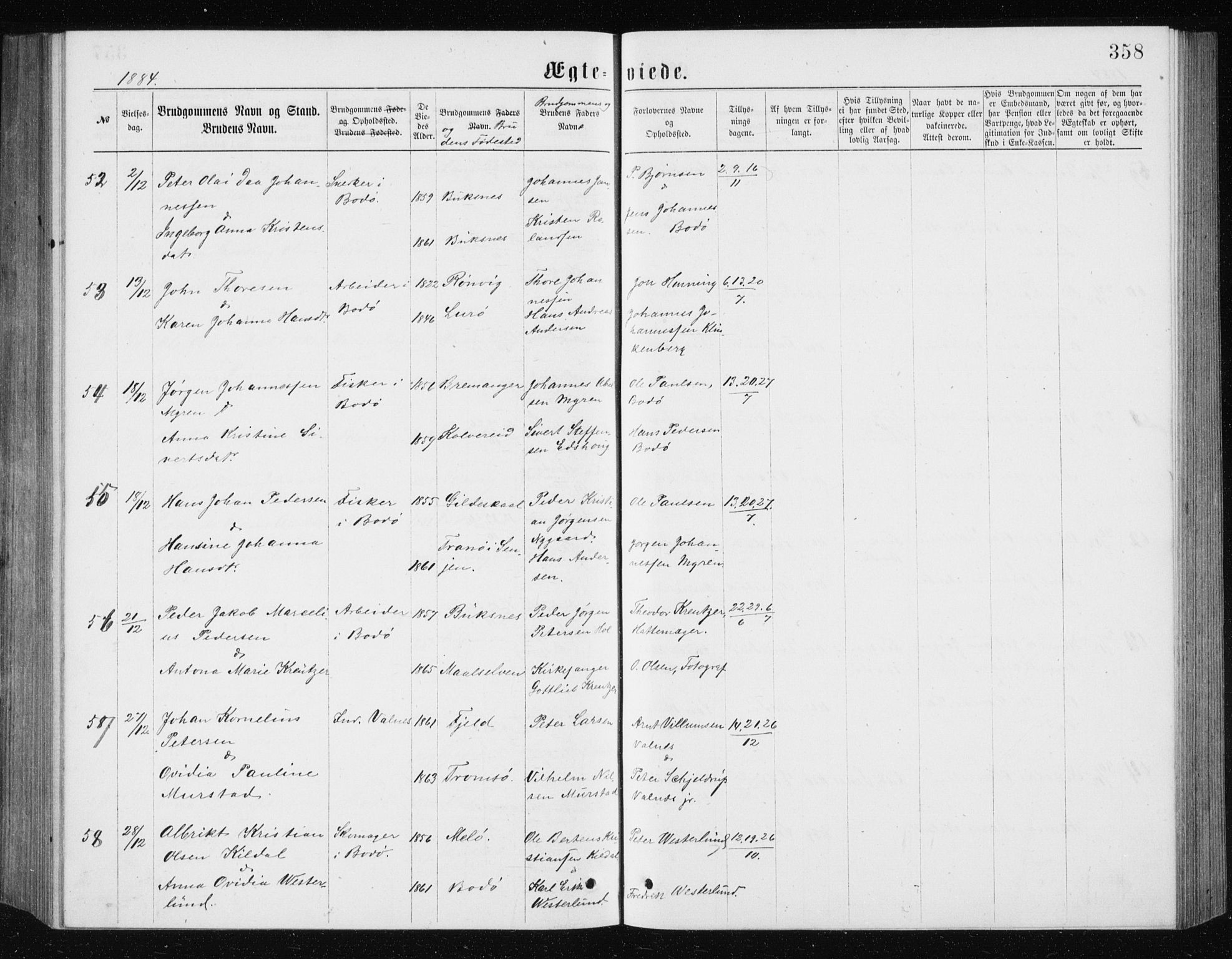 Ministerialprotokoller, klokkerbøker og fødselsregistre - Nordland, AV/SAT-A-1459/801/L0031: Parish register (copy) no. 801C06, 1883-1887, p. 358