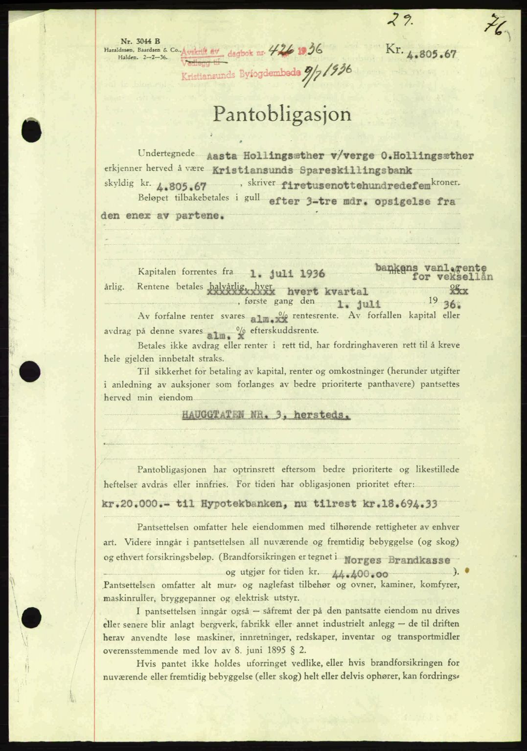 Kristiansund byfogd, AV/SAT-A-4587/A/27: Mortgage book no. 29, 1936-1937, Diary no: : 426/1936