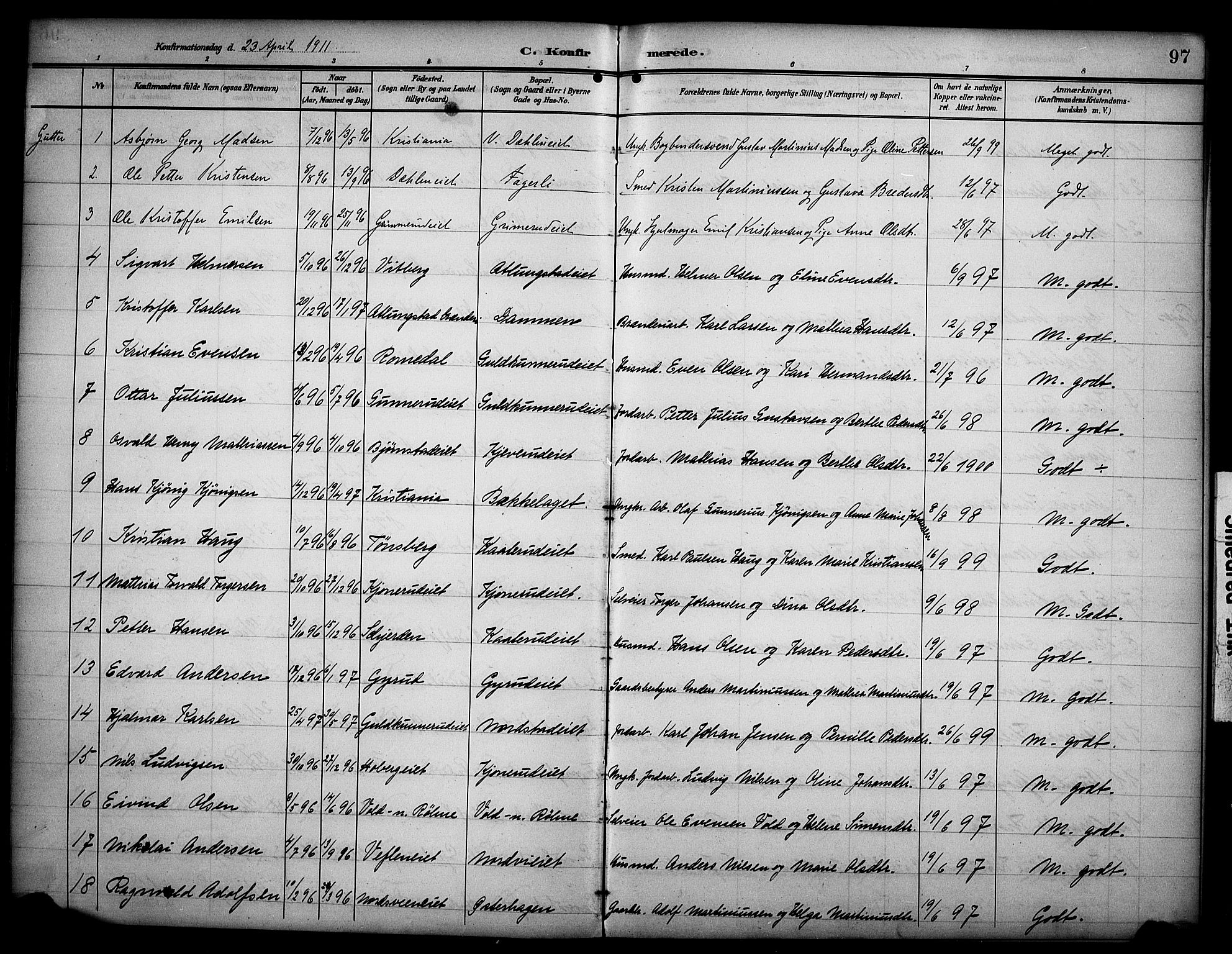 Stange prestekontor, AV/SAH-PREST-002/K/L0022: Parish register (official) no. 22, 1903-1914, p. 97