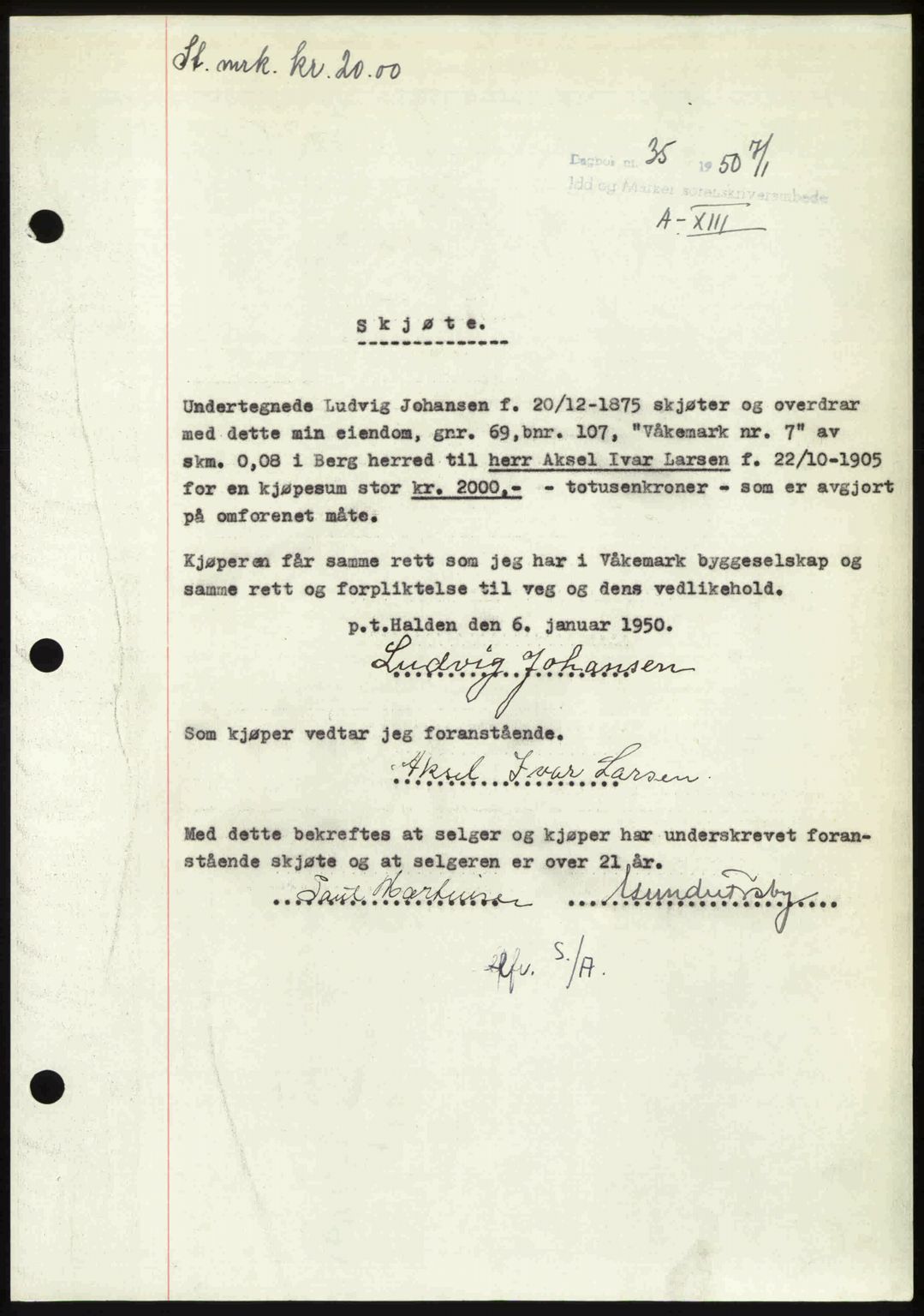 Idd og Marker sorenskriveri, AV/SAO-A-10283/G/Gb/Gbb/L0013: Mortgage book no. A13, 1949-1950, Diary no: : 35/1950