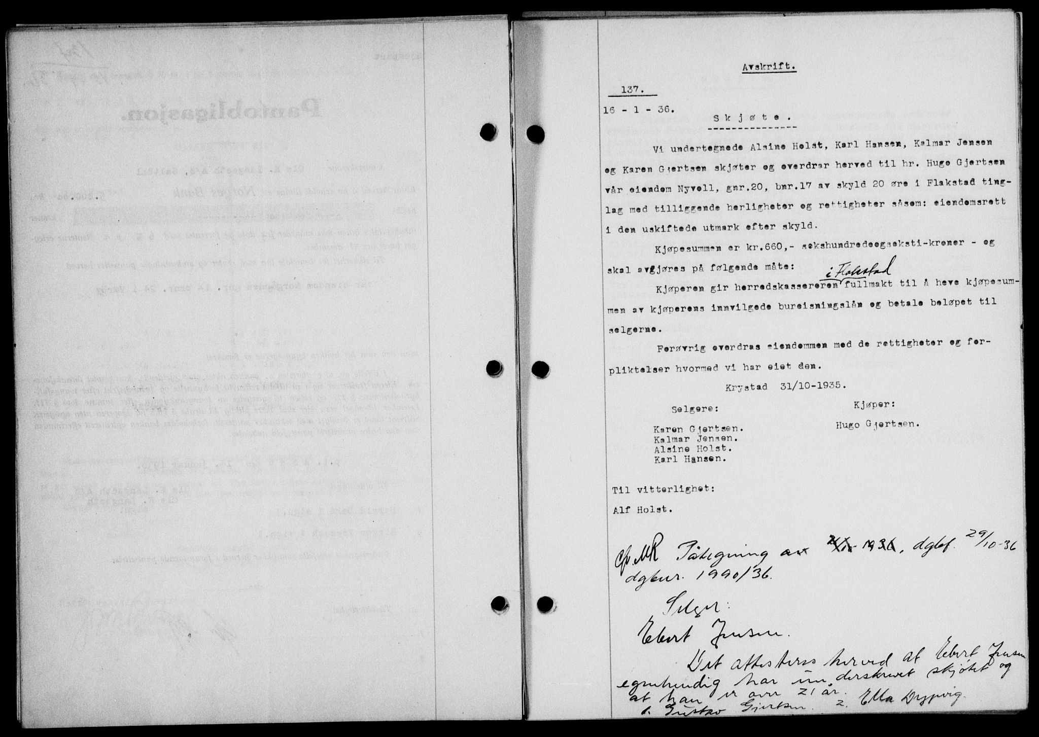 Lofoten sorenskriveri, SAT/A-0017/1/2/2C/L0033b: Mortgage book no. 33b, 1936-1936, Diary no: : 137/1936