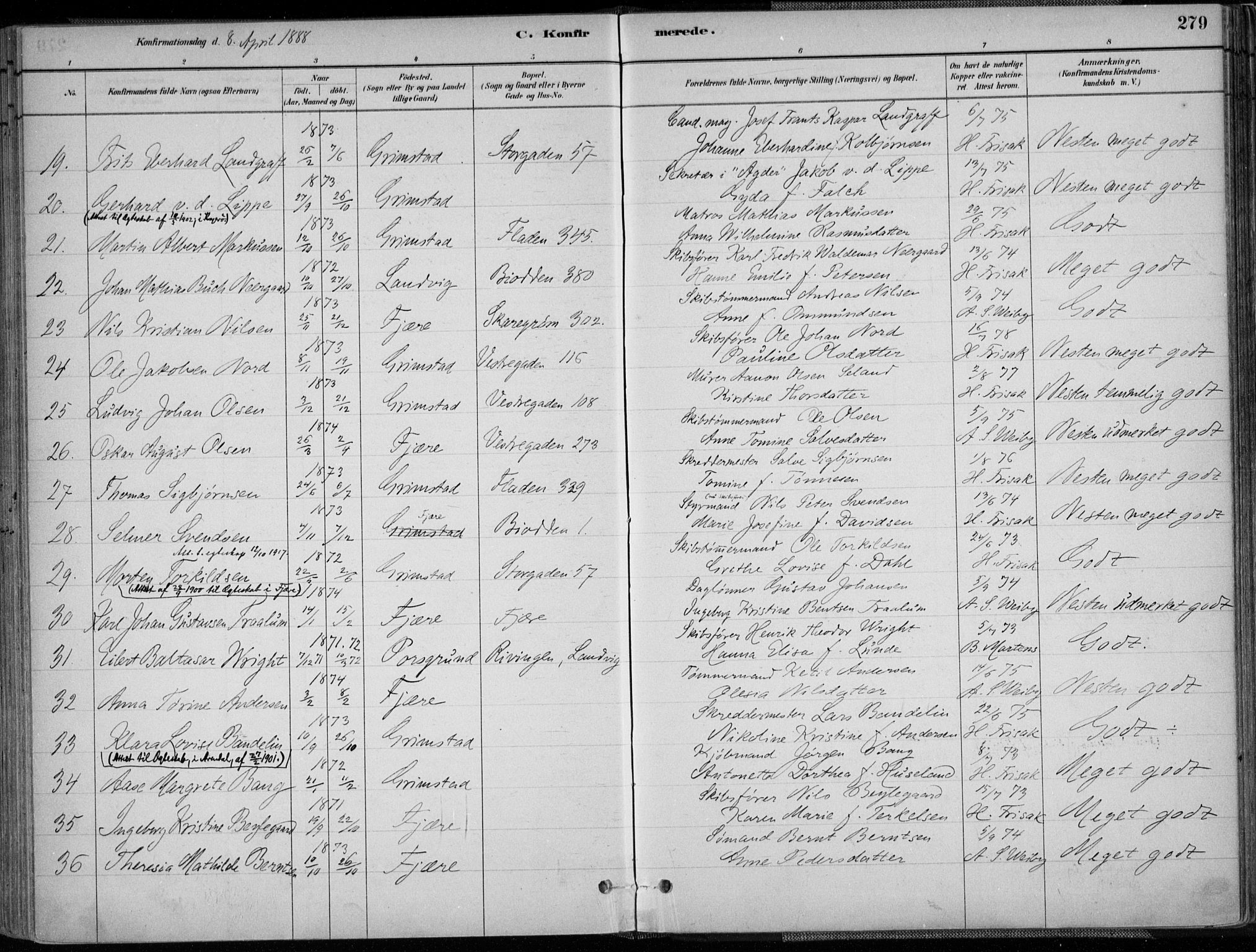 Grimstad sokneprestkontor, SAK/1111-0017/F/Fa/L0003: Parish register (official) no. A 2, 1882-1912, p. 279