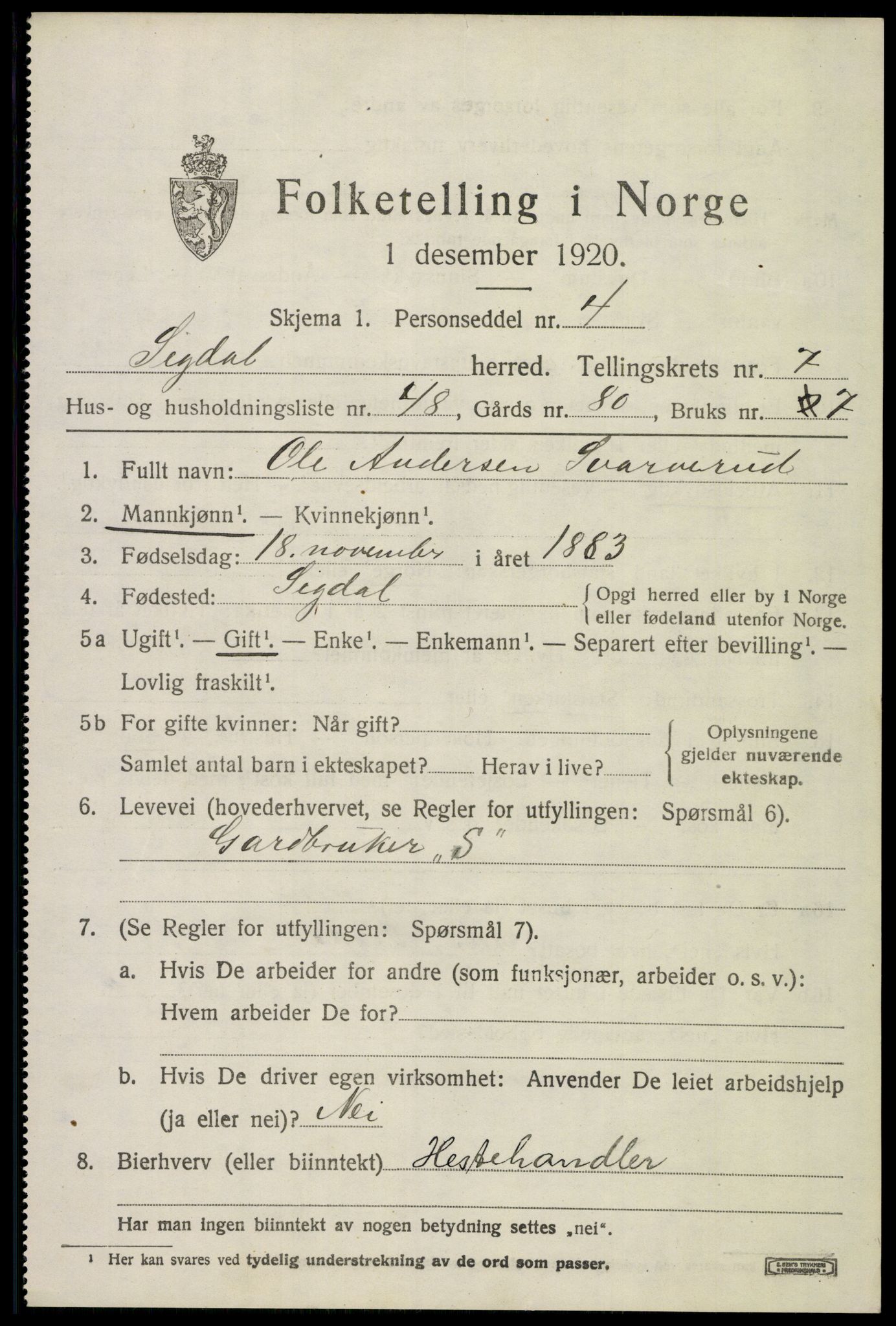 SAKO, 1920 census for Sigdal, 1920, p. 5992