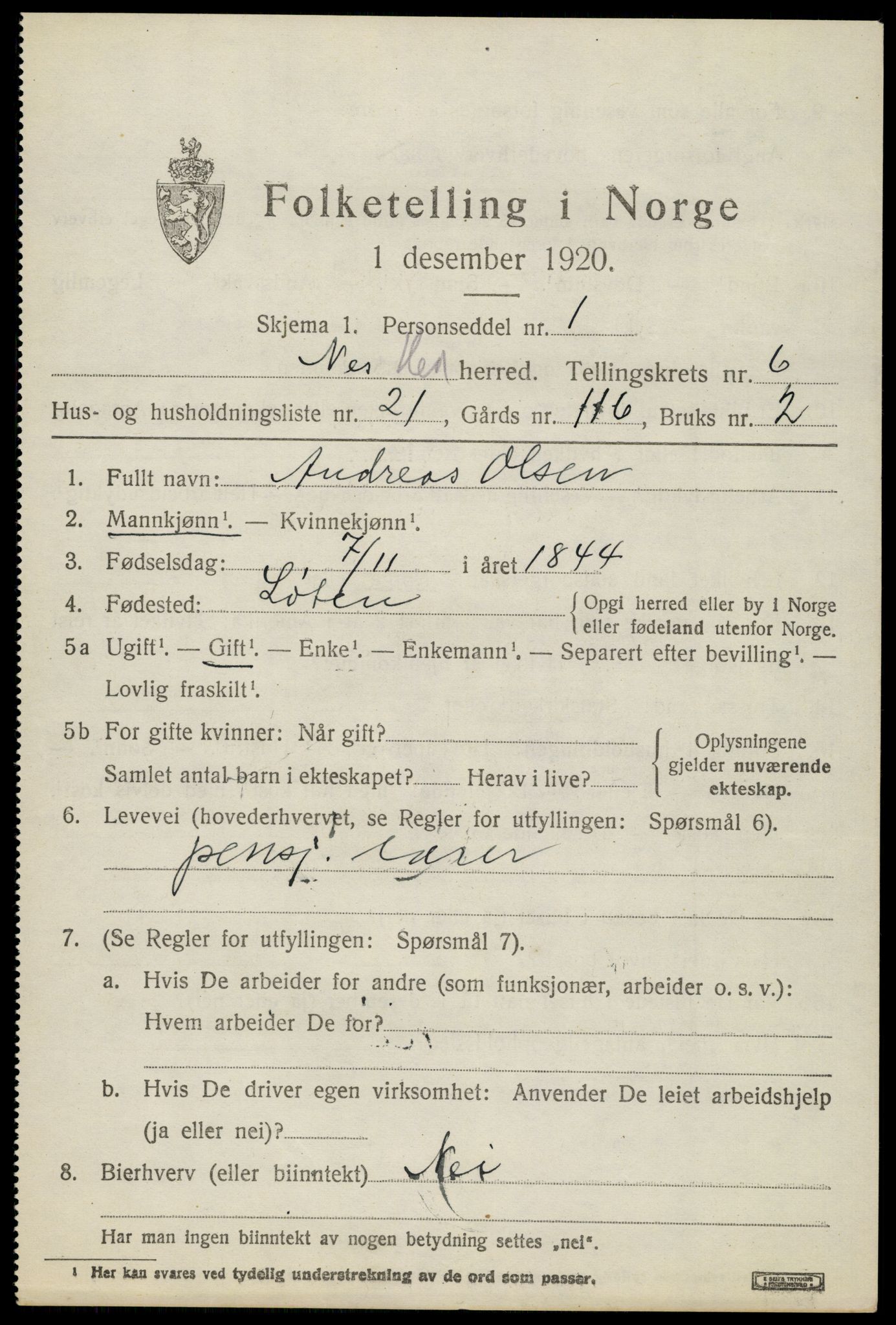 SAH, 1920 census for Nes (Hedmark), 1920, p. 8006