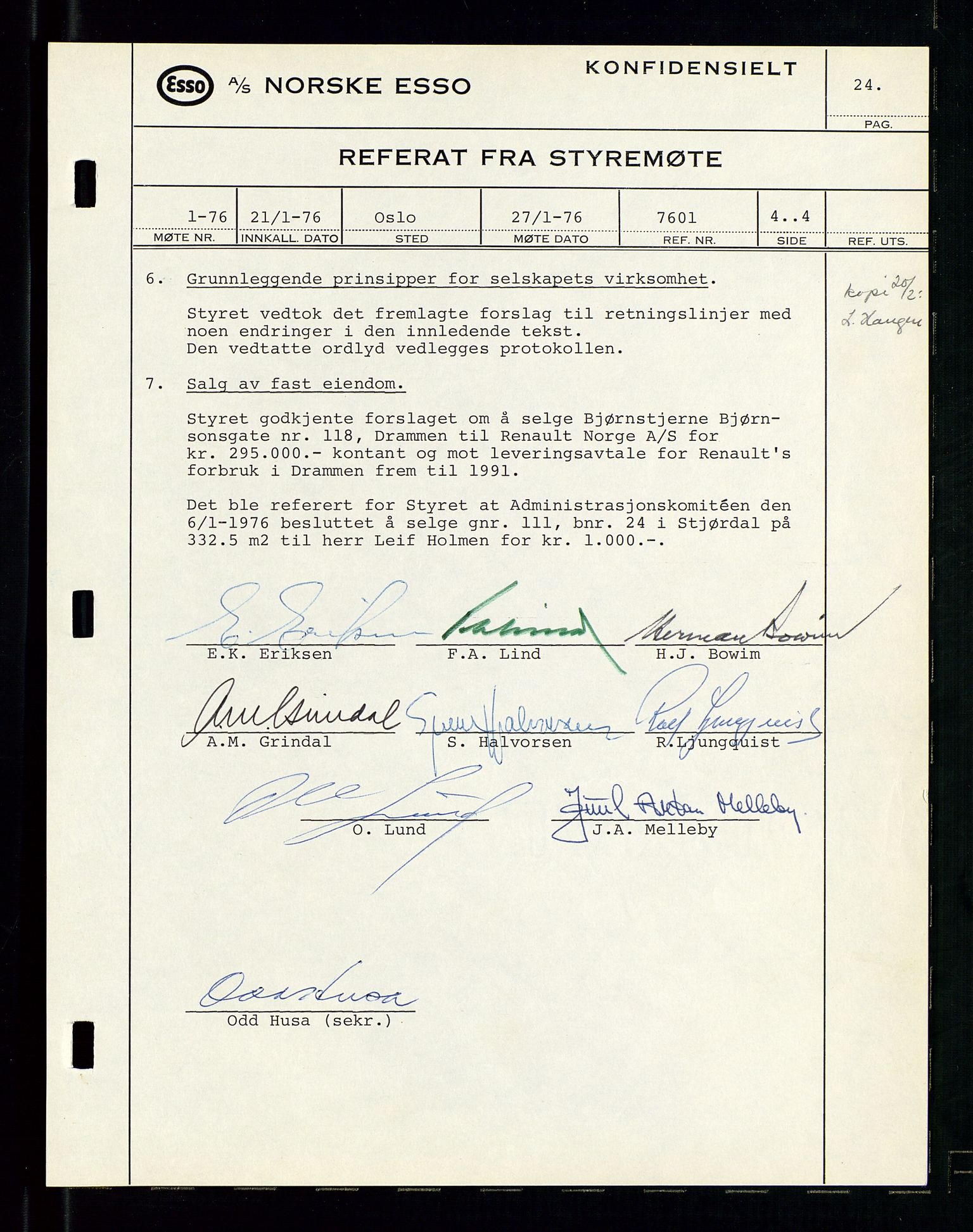 Pa 0982 - Esso Norge A/S, AV/SAST-A-100448/A/Aa/L0003/0003: Den administrerende direksjon Board minutes (styrereferater) og Bedriftforsamlingsprotokoll / Den administrerende direksjon Board minutes (styrereferater), 1975-1985, p. 24