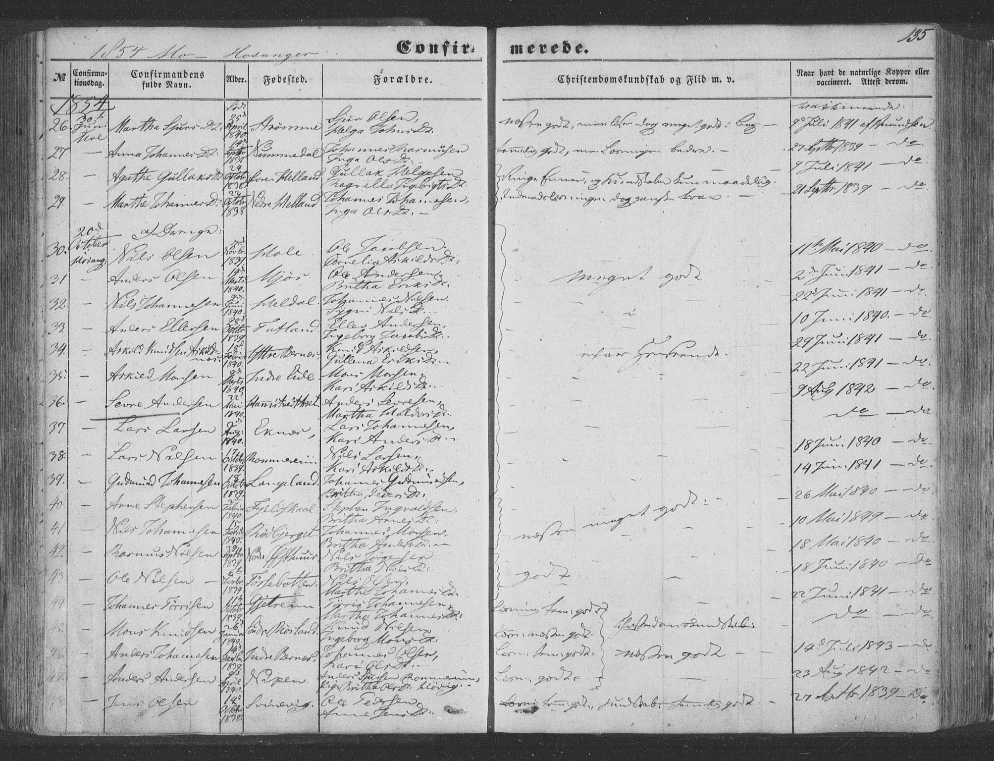 Hosanger sokneprestembete, AV/SAB-A-75801/H/Haa: Parish register (official) no. A 8, 1849-1863, p. 135