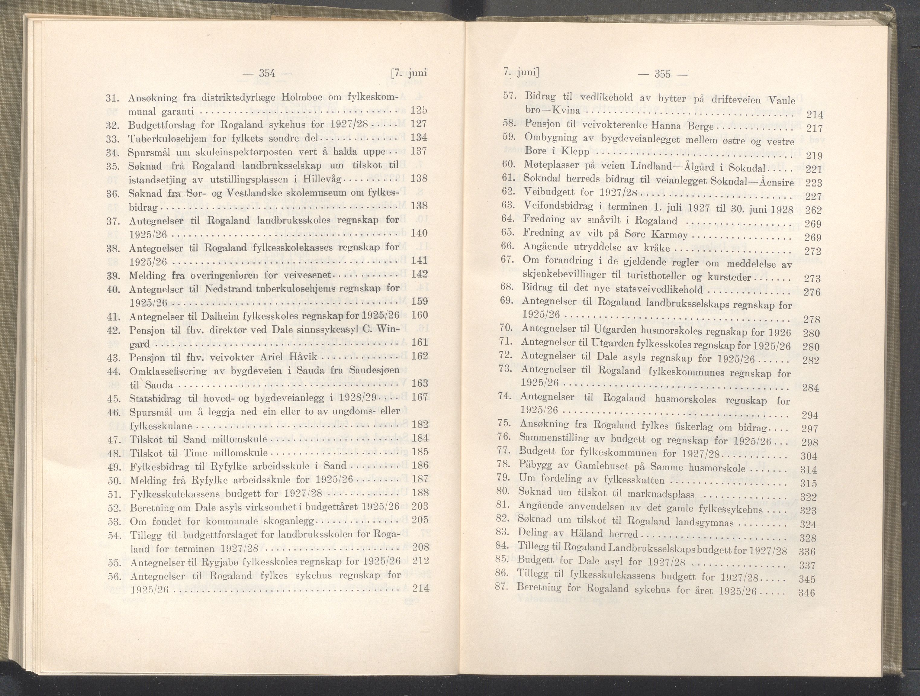 Rogaland fylkeskommune - Fylkesrådmannen , IKAR/A-900/A/Aa/Aaa/L0046: Møtebok , 1927, p. 354-355