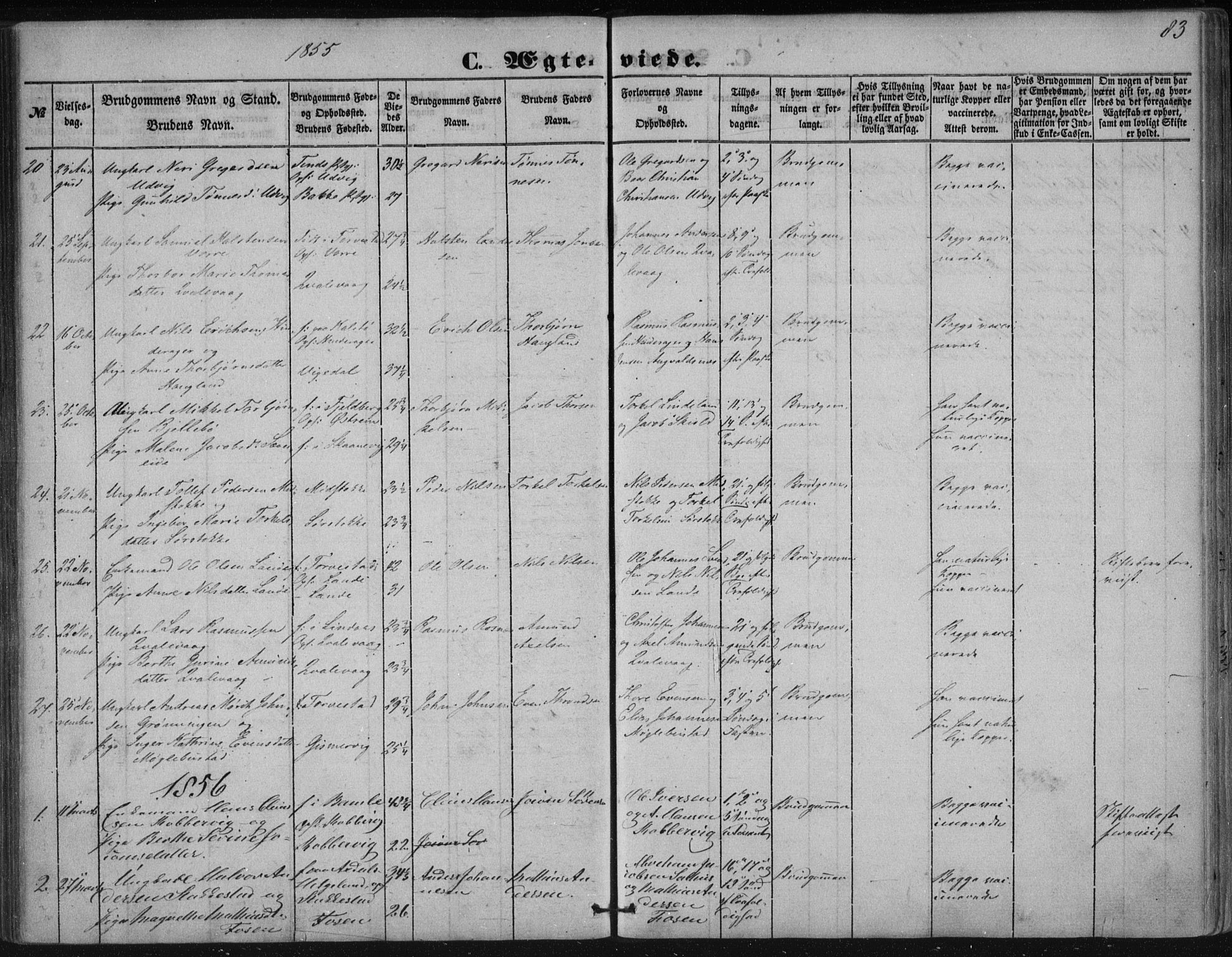 Avaldsnes sokneprestkontor, SAST/A -101851/H/Ha/Haa/L0009: Parish register (official) no. A 9, 1853-1865, p. 83